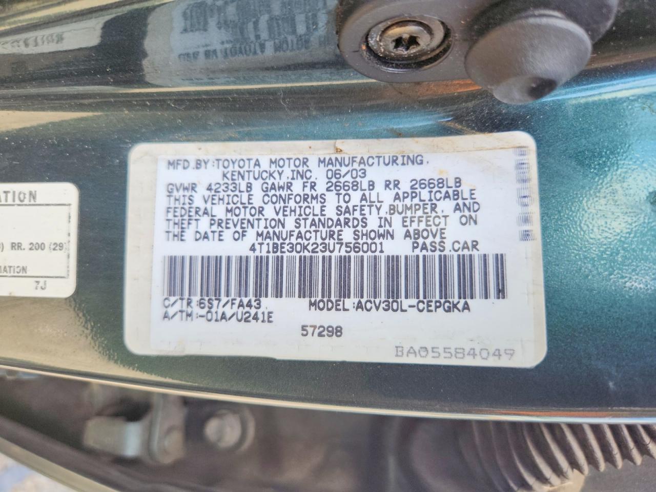 2003 Toyota Camry Xle Зеленый vin: 4T1BE30K23U756001