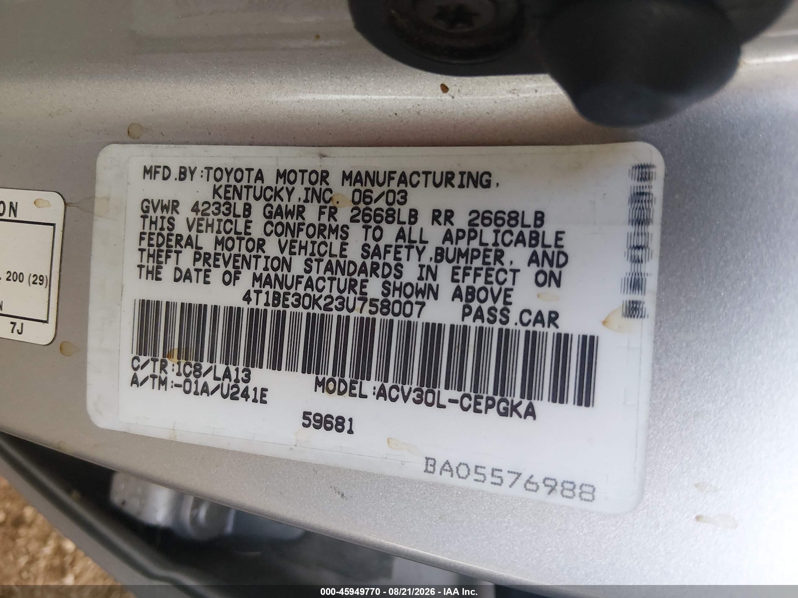 2003 Toyota Camry Xle Серебряный vin: 4T1BE30K23U758007
