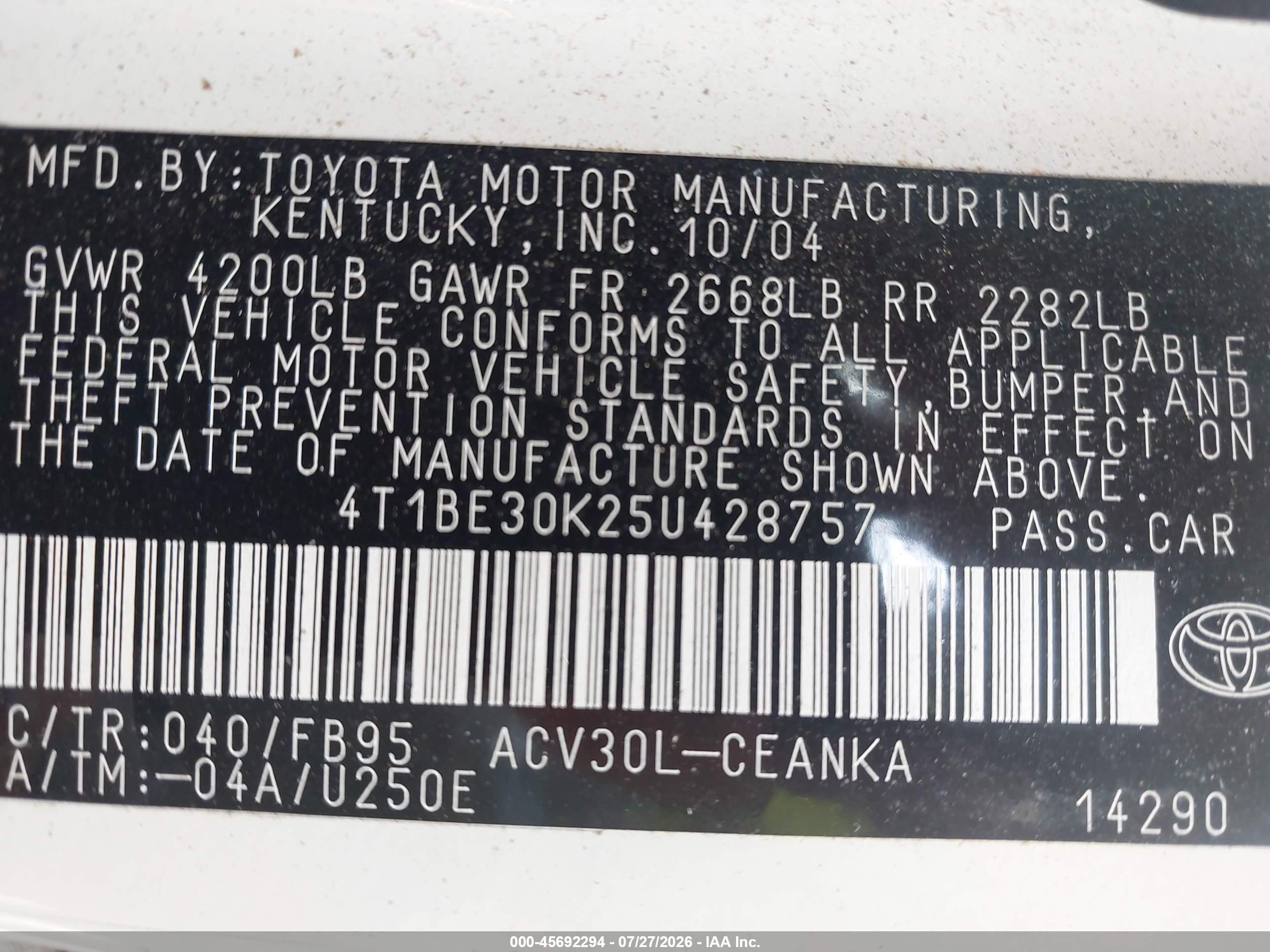 2005 Toyota Camry Le White vin: 4T1BE30K25U428757