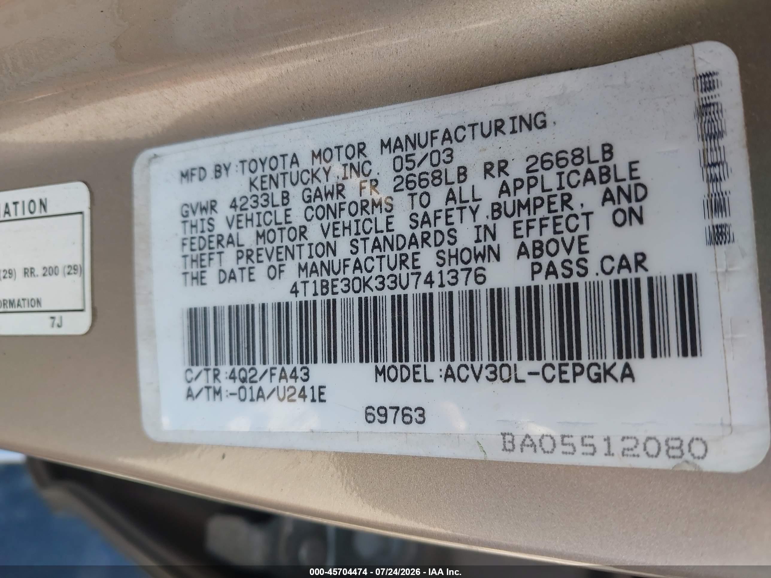 2003 Toyota Camry Xle Tan vin: 4T1BE30K33U741376