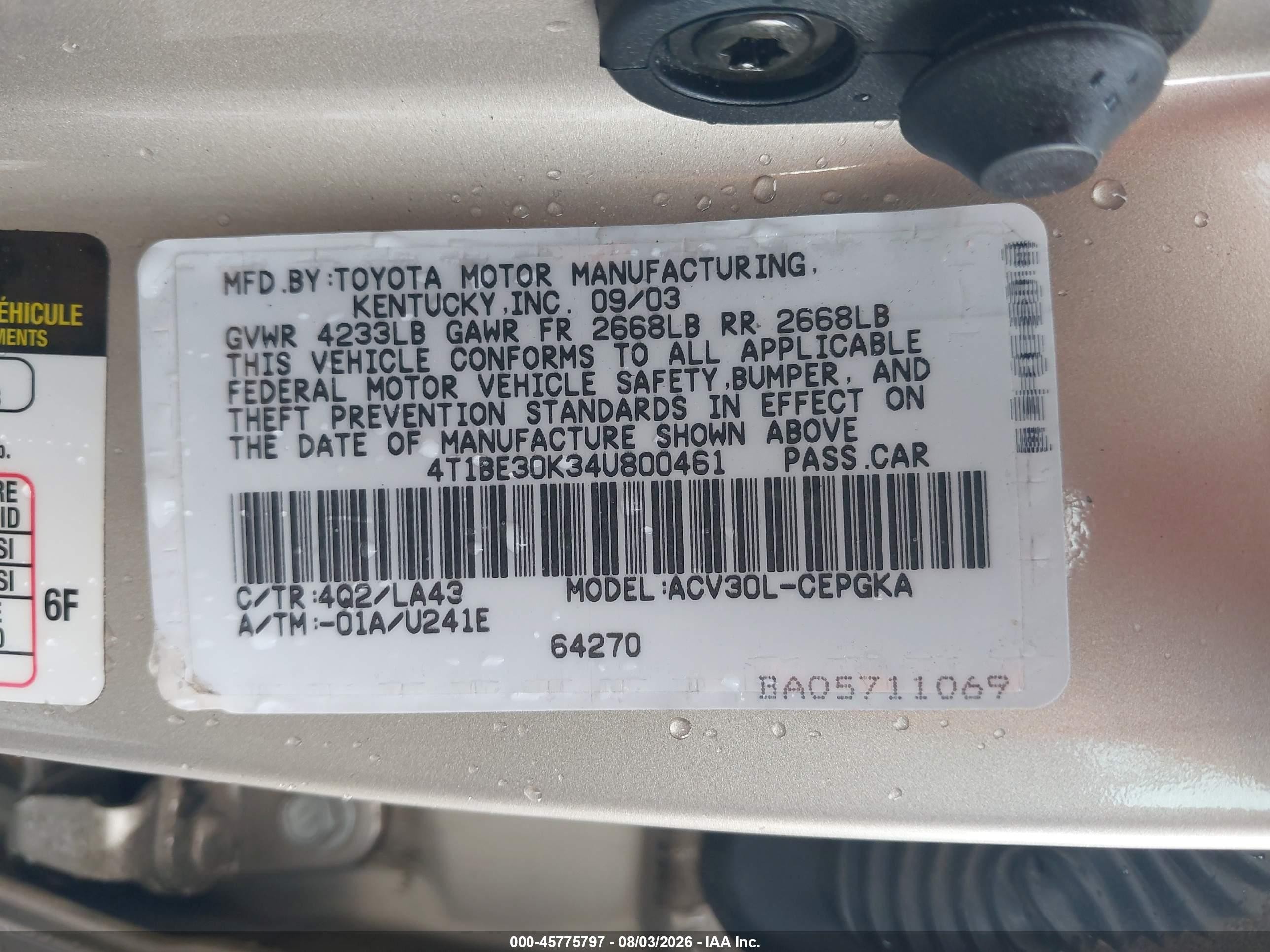 2004 Toyota Camry Xle Gold vin: 4T1BE30K34U800461