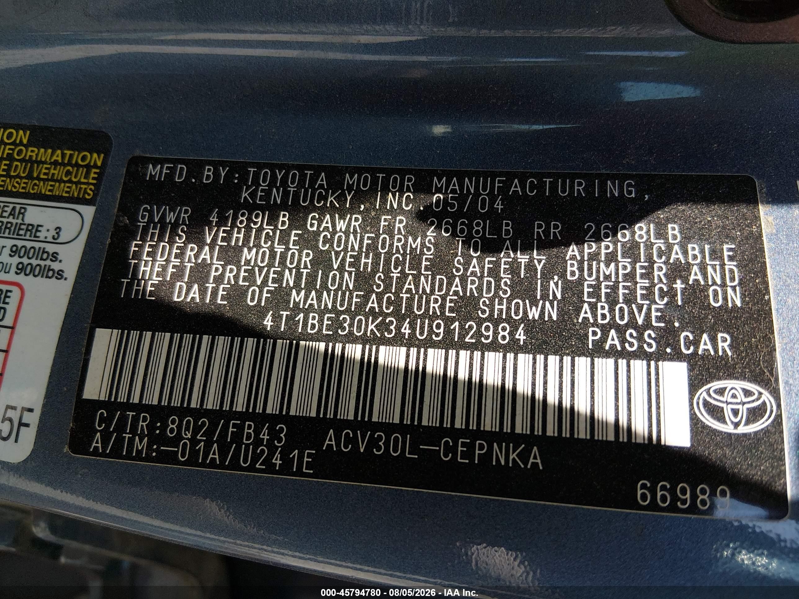 2004 Toyota Camry Le Blue vin: 4T1BE30K34U912984