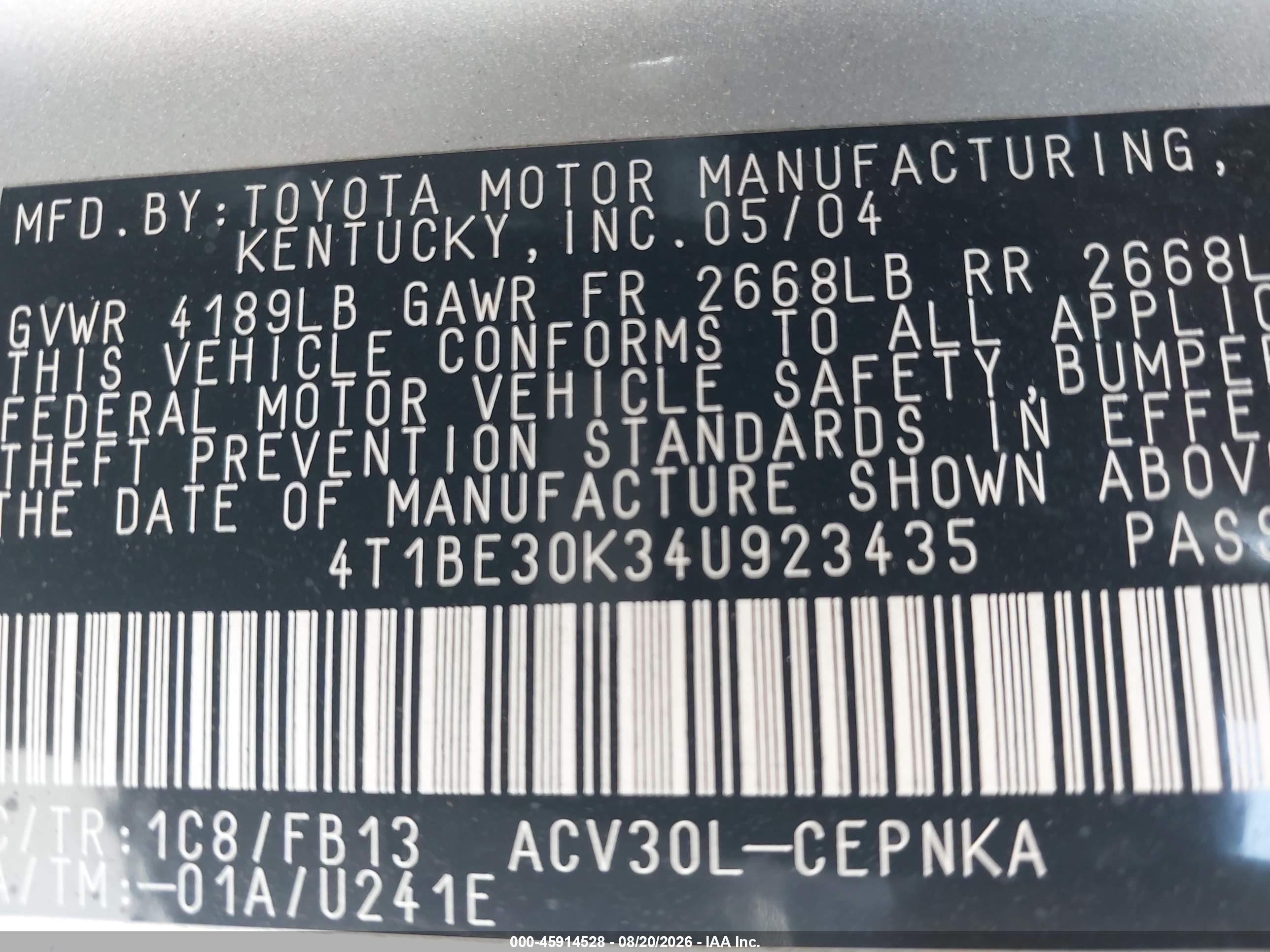 2004 Toyota Camry Le Gray vin: 4T1BE30K34U923435