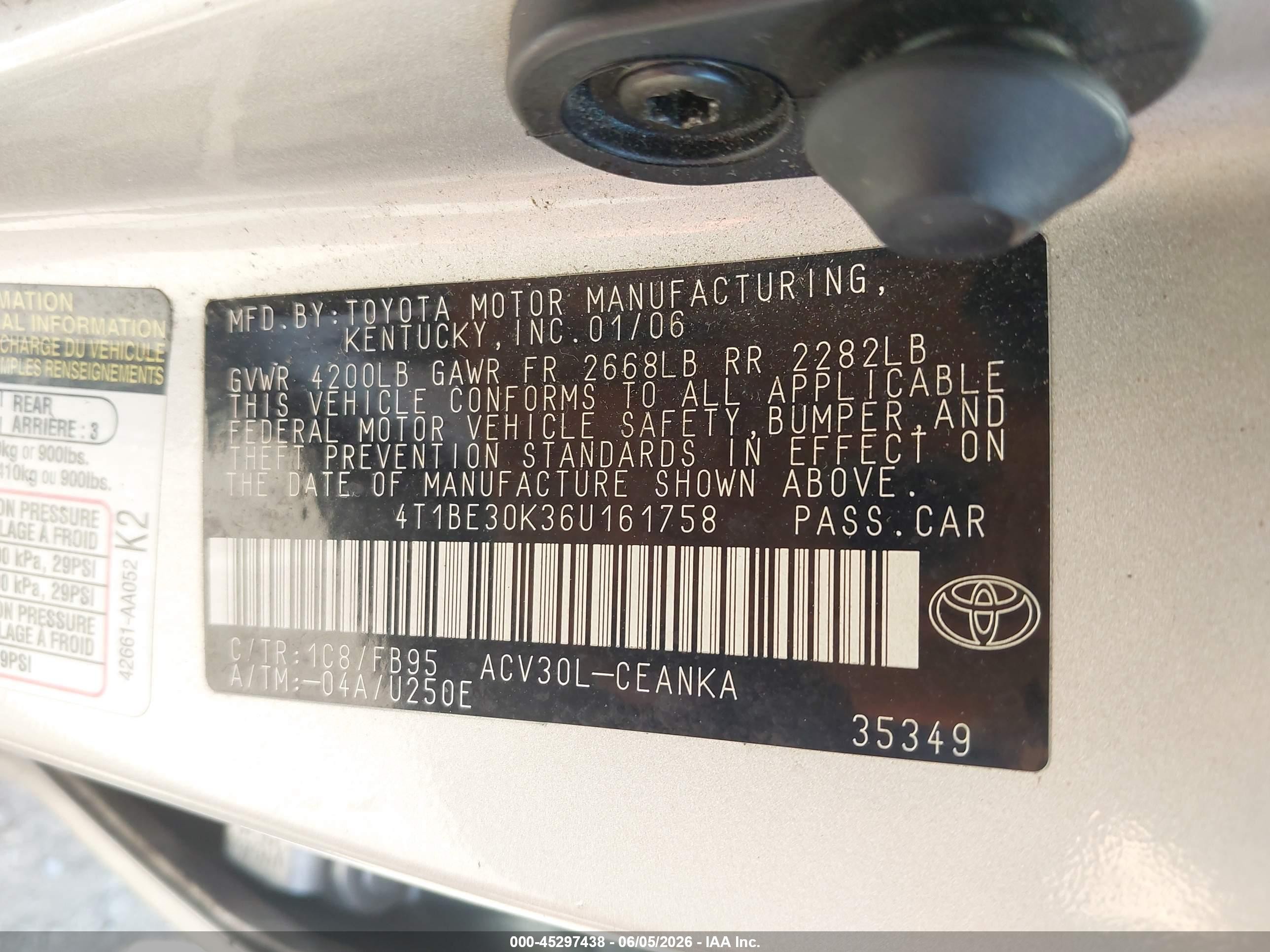 2006 Toyota Camry Le Серебряный vin: 4T1BE30K36U161758