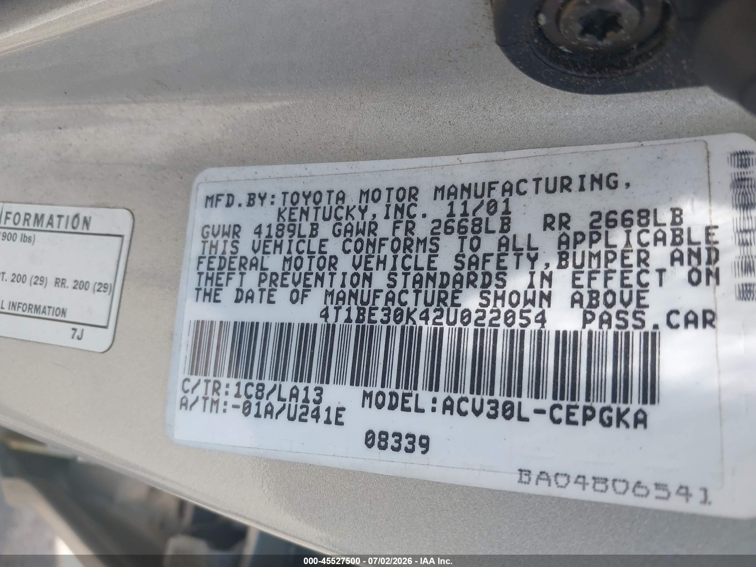 2002 Toyota Camry Xle Gray vin: 4T1BE30K42U022054