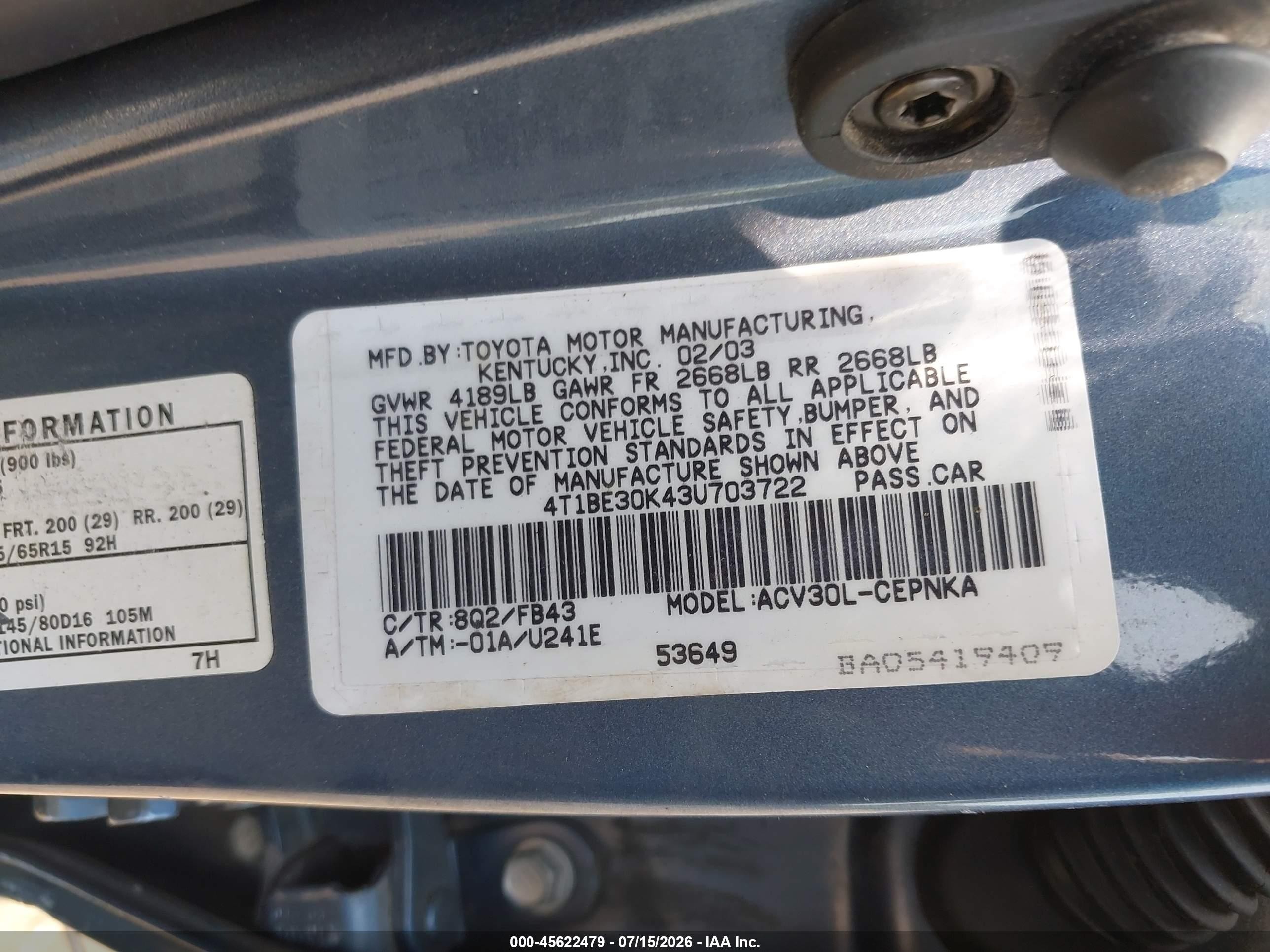 2003 Toyota Camry Le Blue vin: 4T1BE30K43U703722