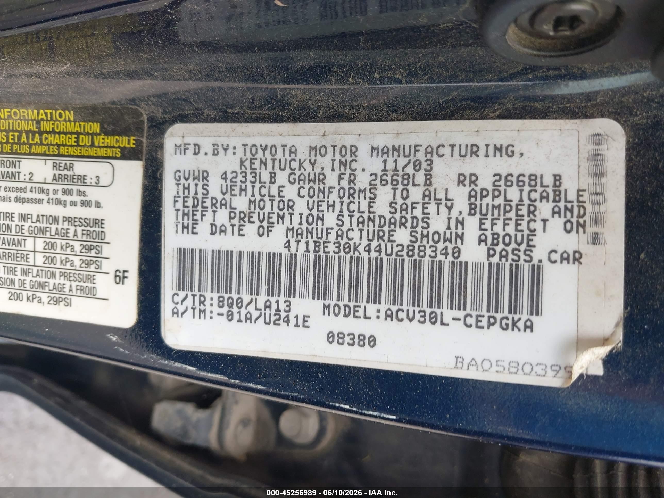 2004 Toyota Camry Xle Blue vin: 4T1BE30K44U288340