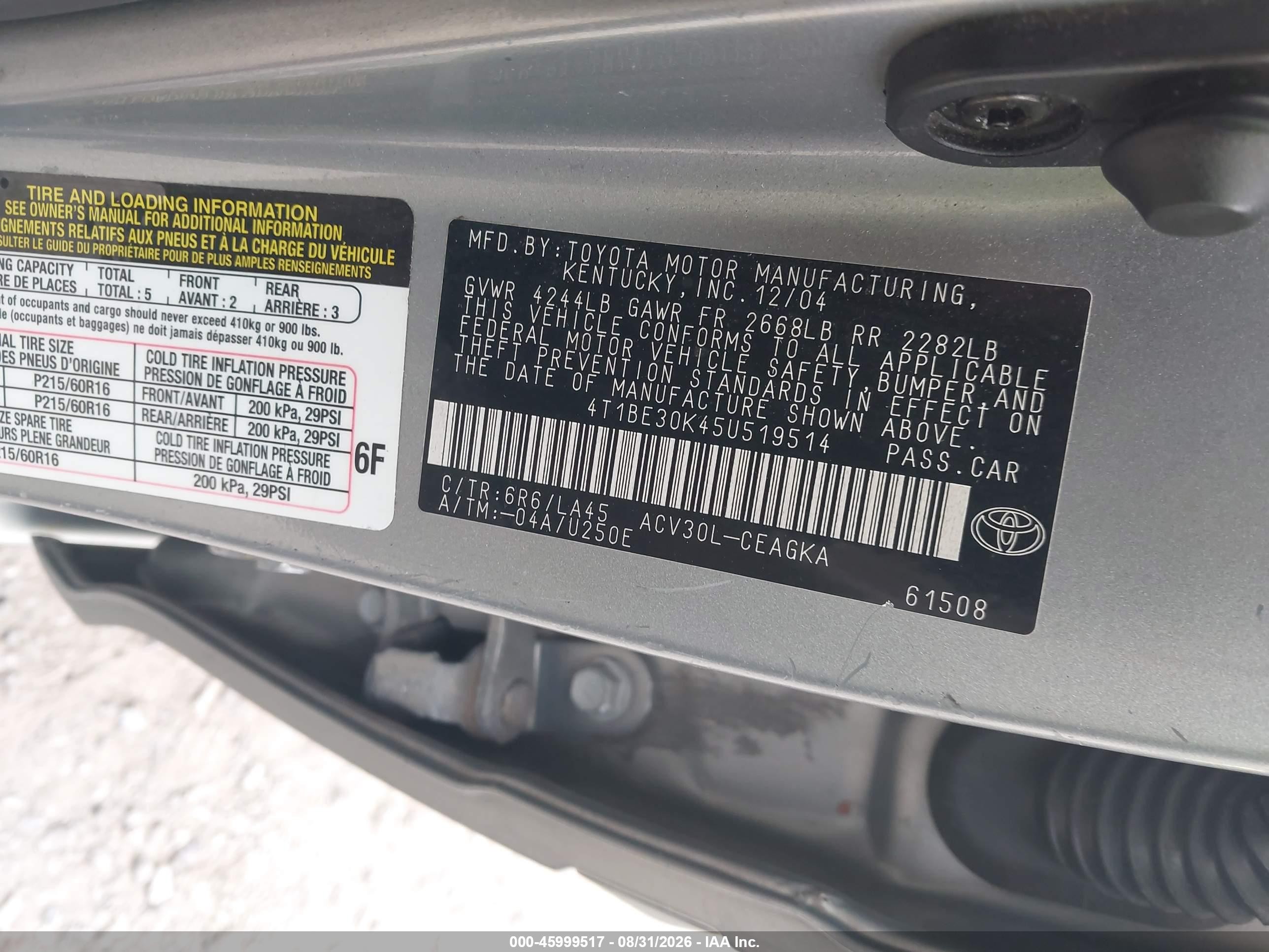 2005 Toyota Camry Xle Gray vin: 4T1BE30K45U519514