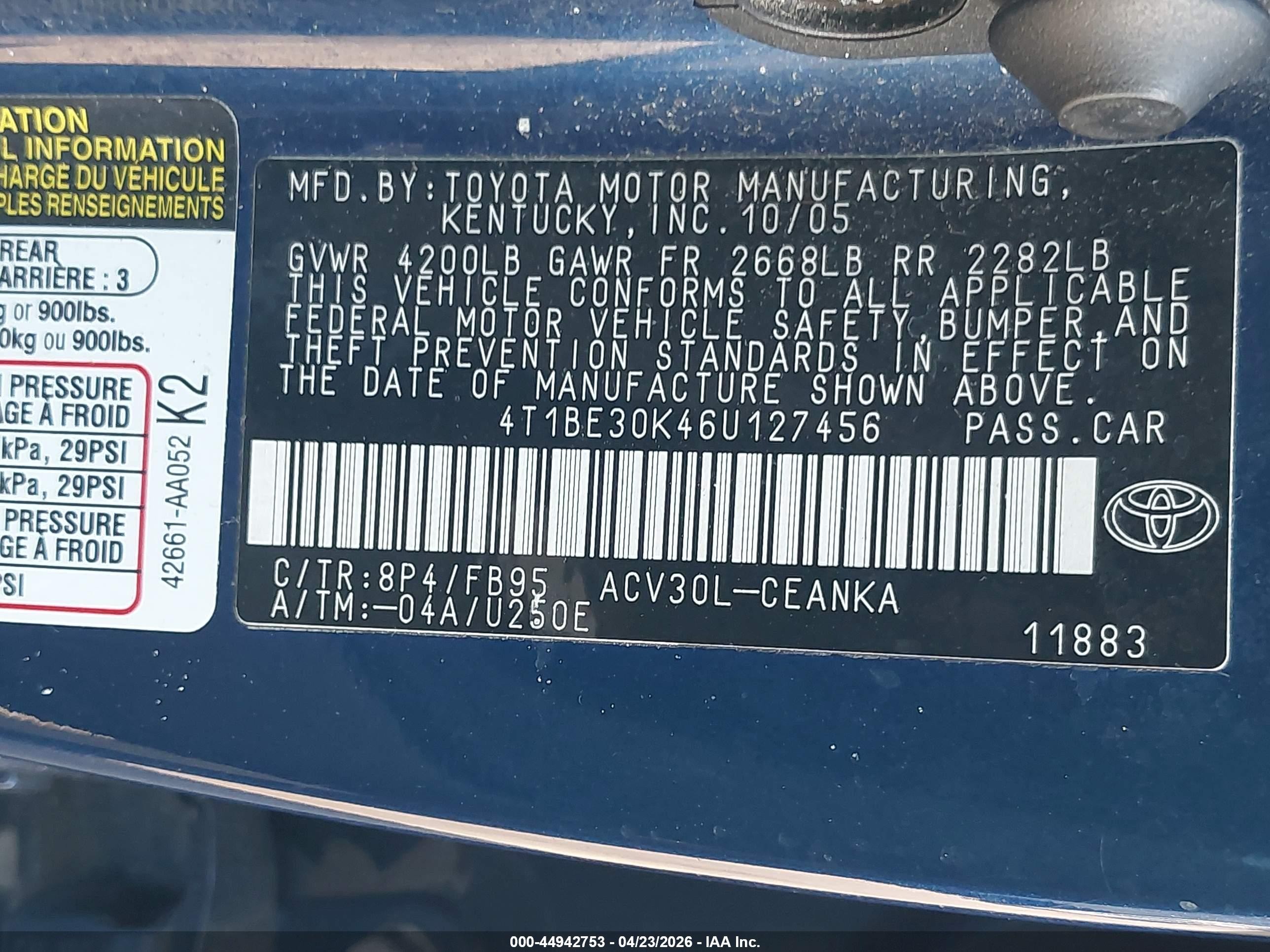 2006 Toyota Camry Le Blue vin: 4T1BE30K46U127456