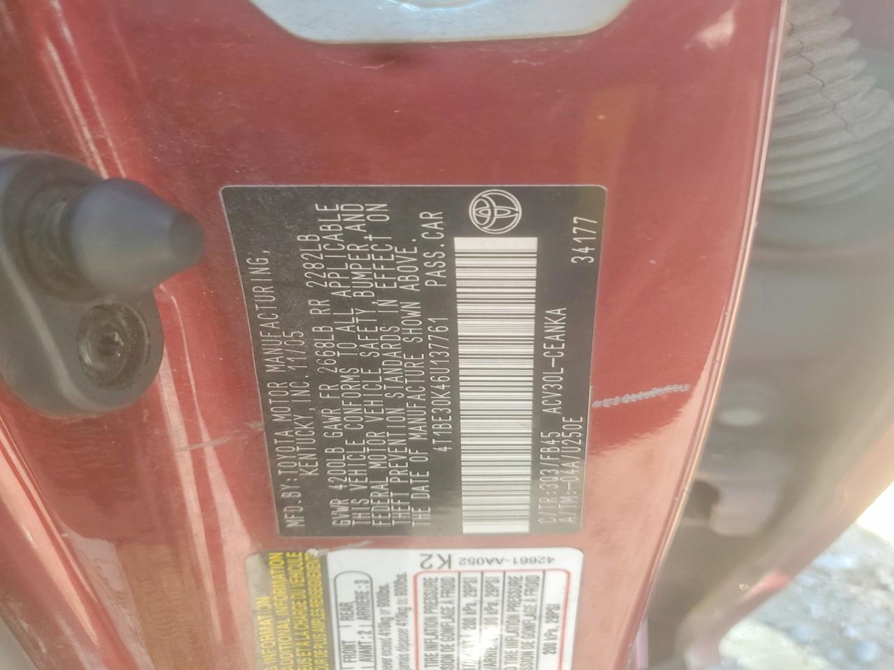 2006 Toyota Camry Le Burgundy vin: 4T1BE30K46U137761