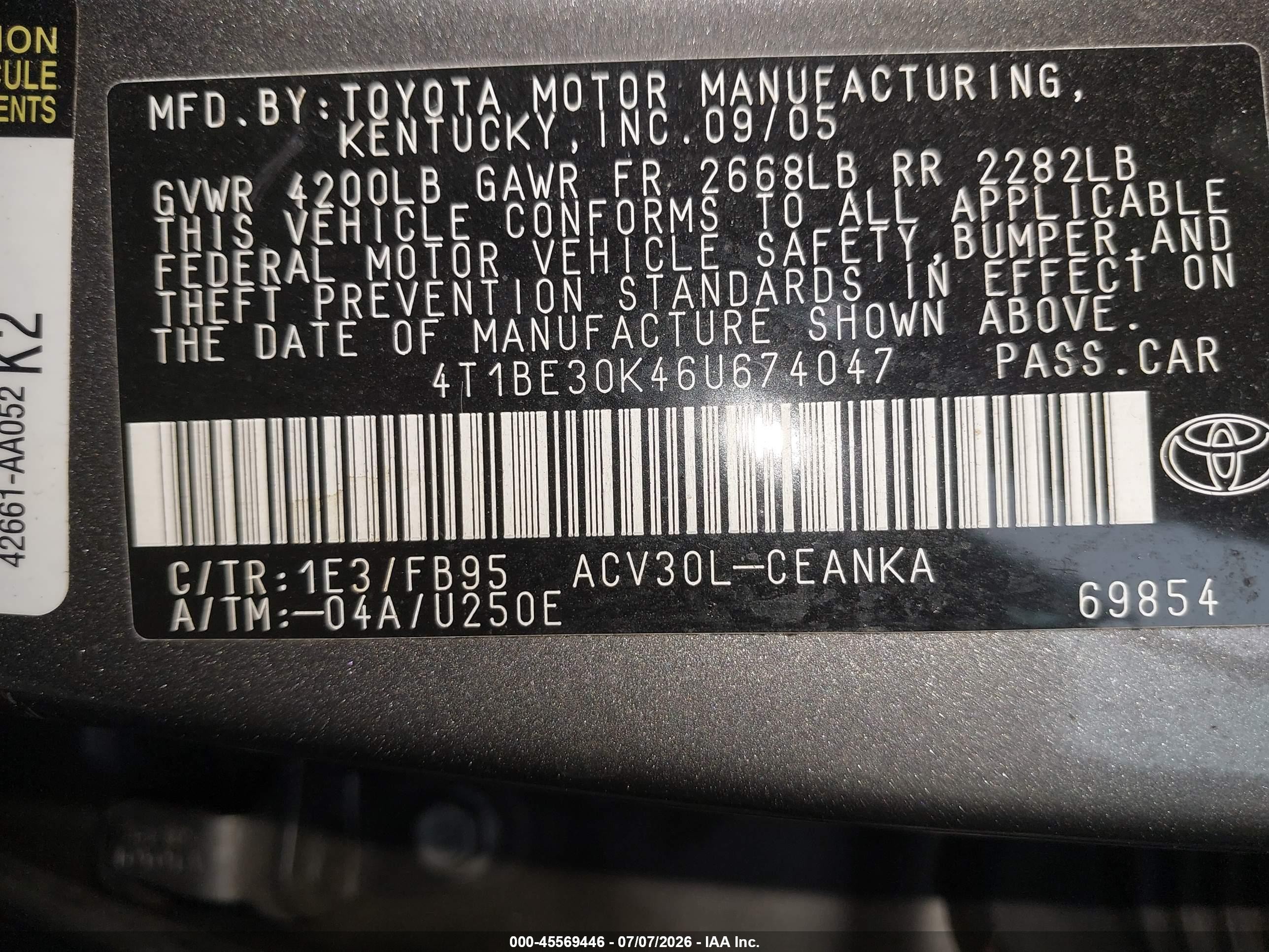 2006 Toyota Camry Le Gray vin: 4T1BE30K46U674047
