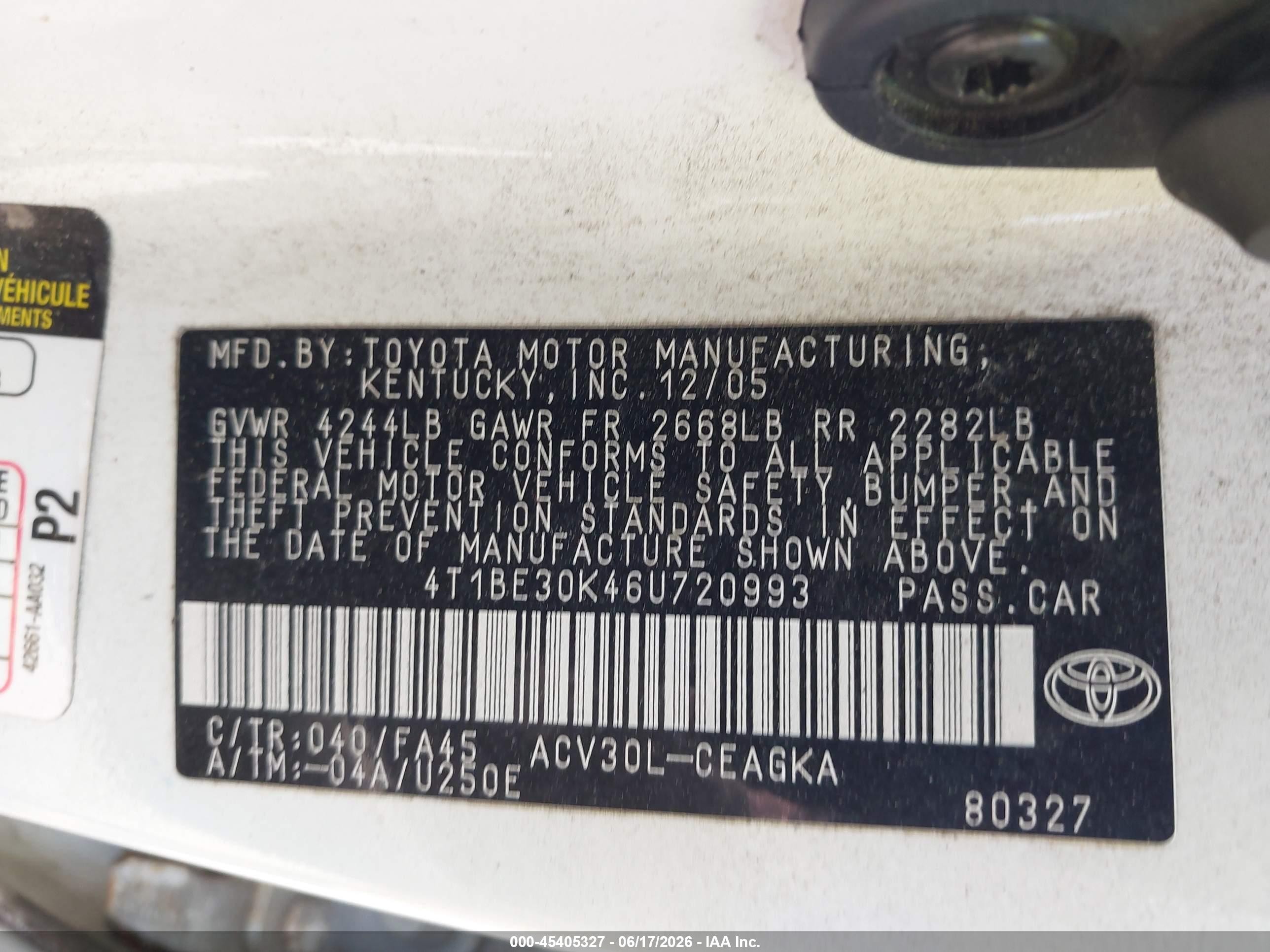 2006 Toyota Camry Xle White vin: 4T1BE30K46U720993