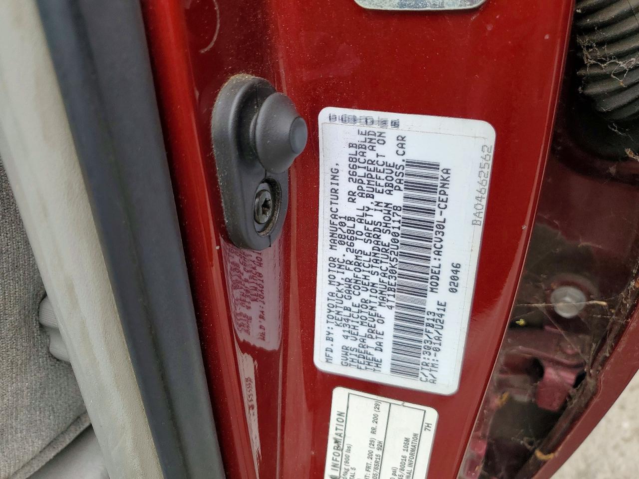2002 Toyota Camry Le Бордовый vin: 4T1BE30K52U001178