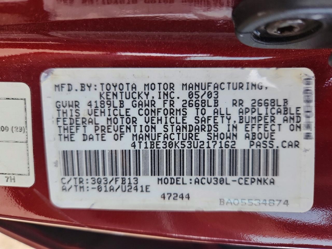 2003 Toyota Camry Le Maroon vin: 4T1BE30K53U217162