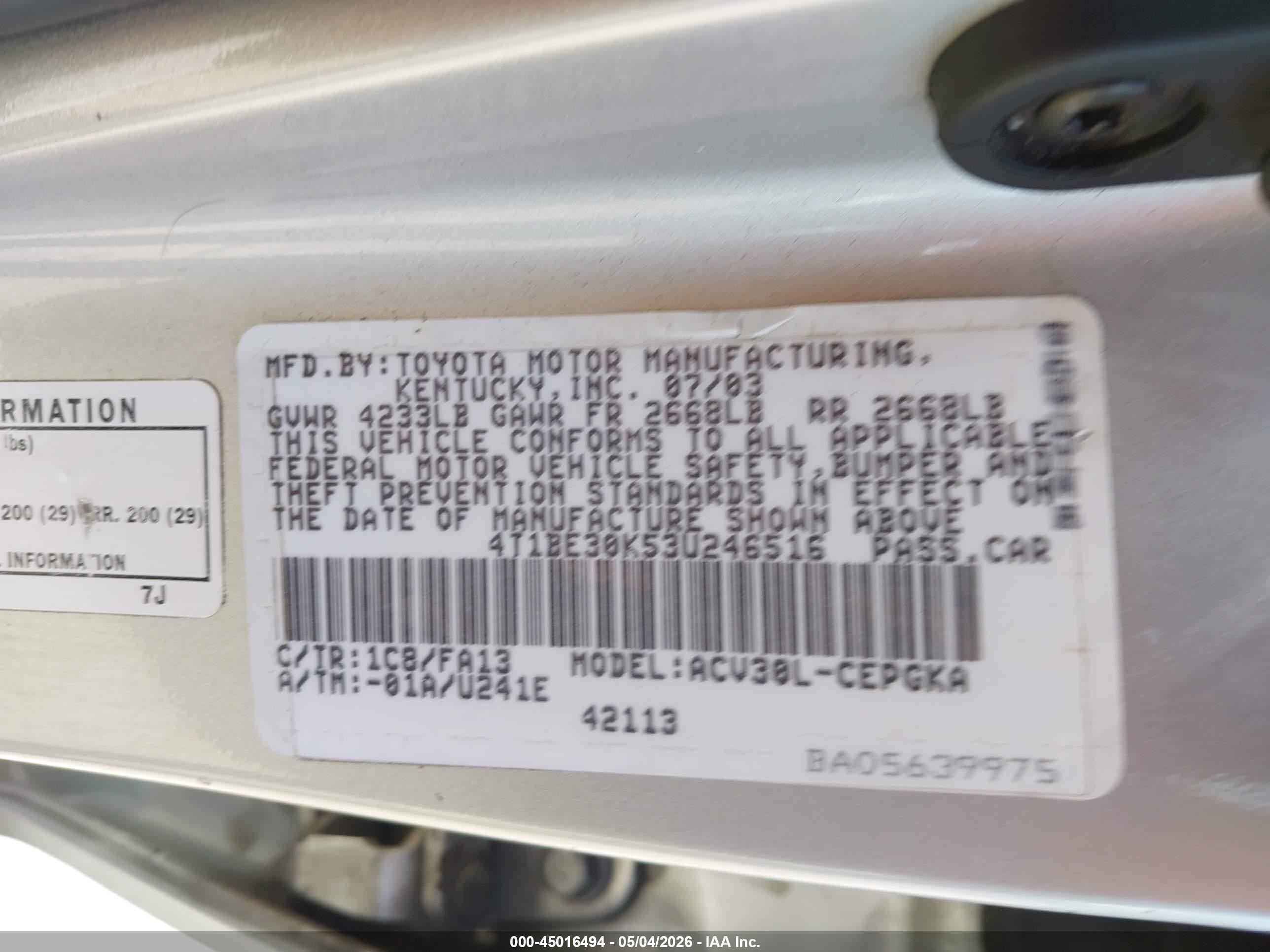 2003 Toyota Camry Xle Silver vin: 4T1BE30K53U246516