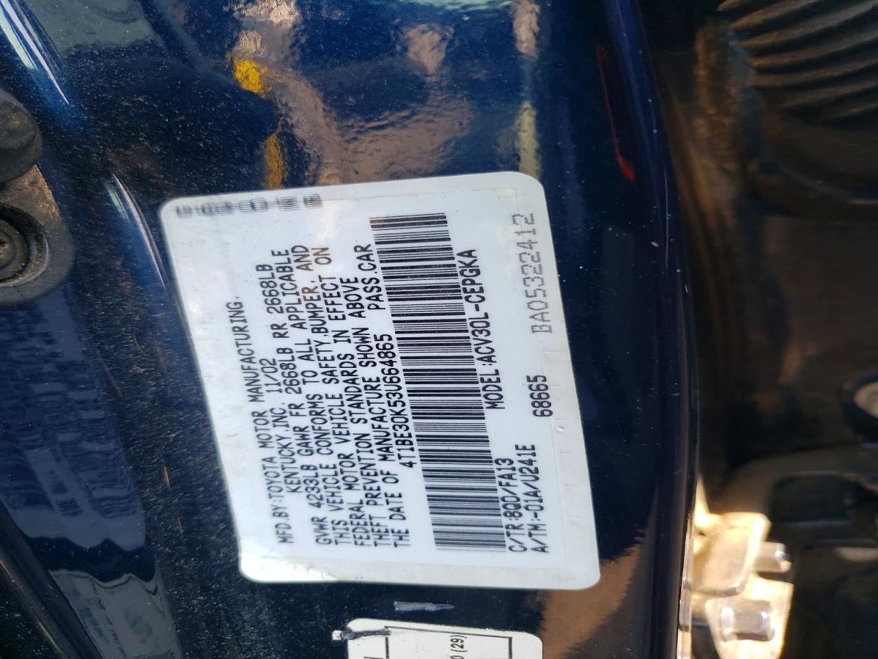 2003 Toyota Camry Xle Blue vin: 4T1BE30K53U664865