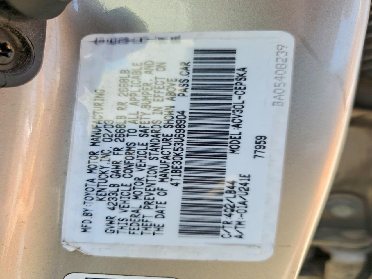 2003 Toyota Camry Se Tan vin: 4T1BE30K53U698904