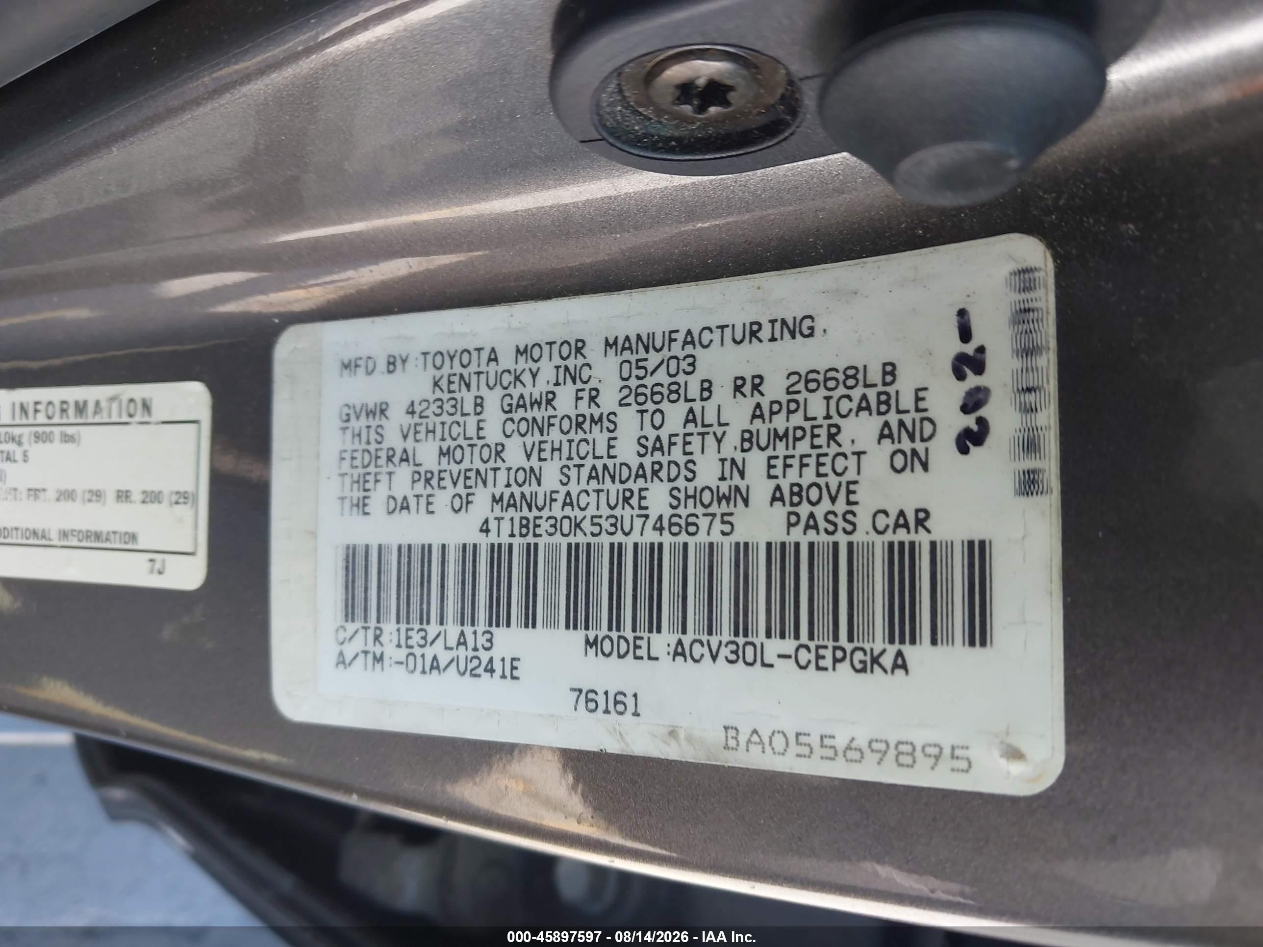2003 Toyota Camry Xle Gray vin: 4T1BE30K53U746675