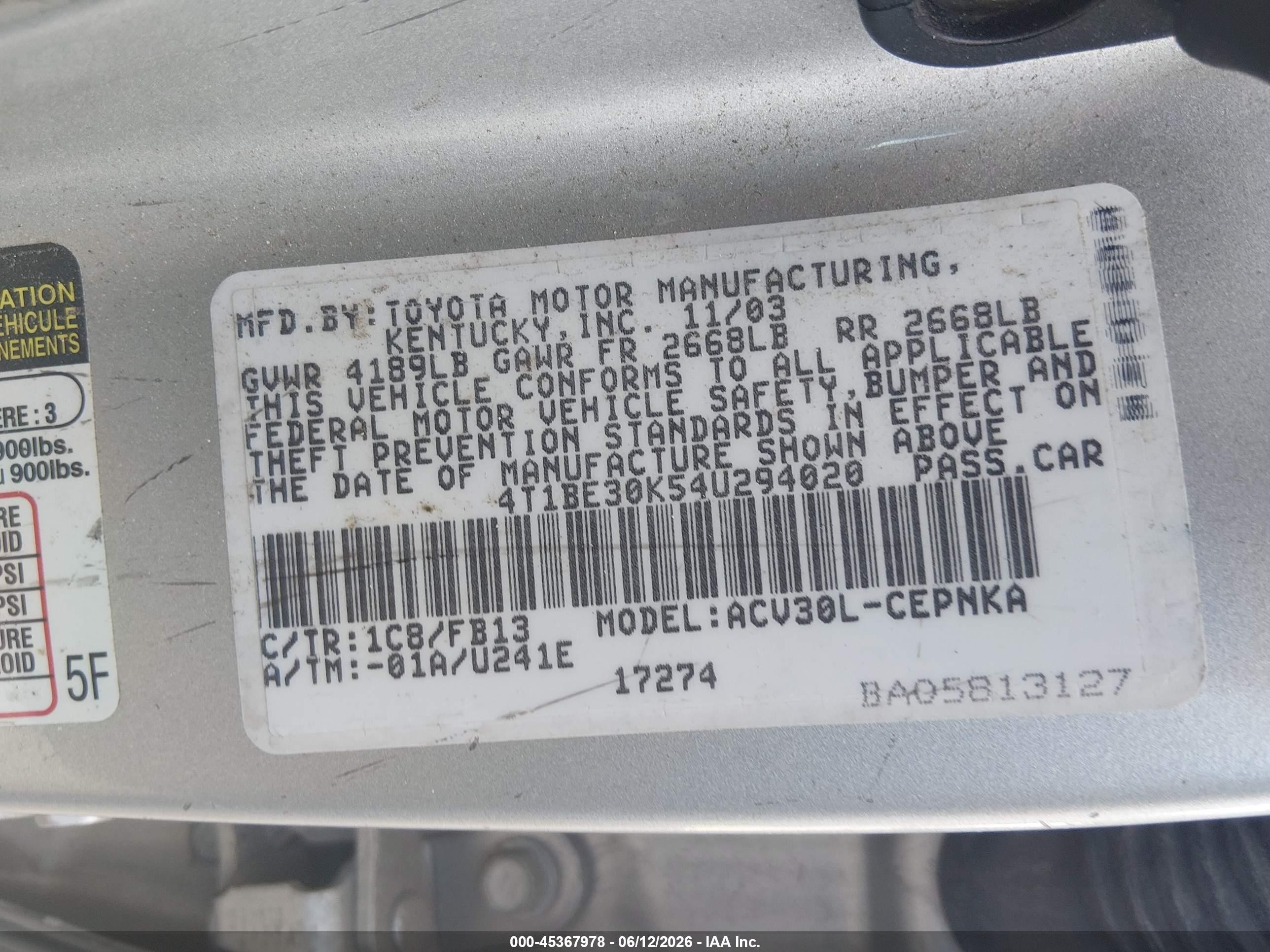 2004 Toyota Camry Le Champagne vin: 4T1BE30K54U294020