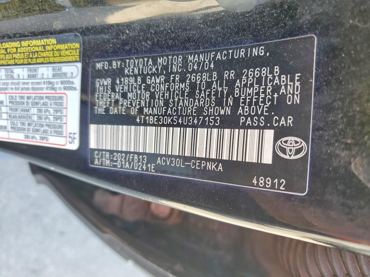 2004 Toyota Camry Le Black vin: 4T1BE30K54U347153