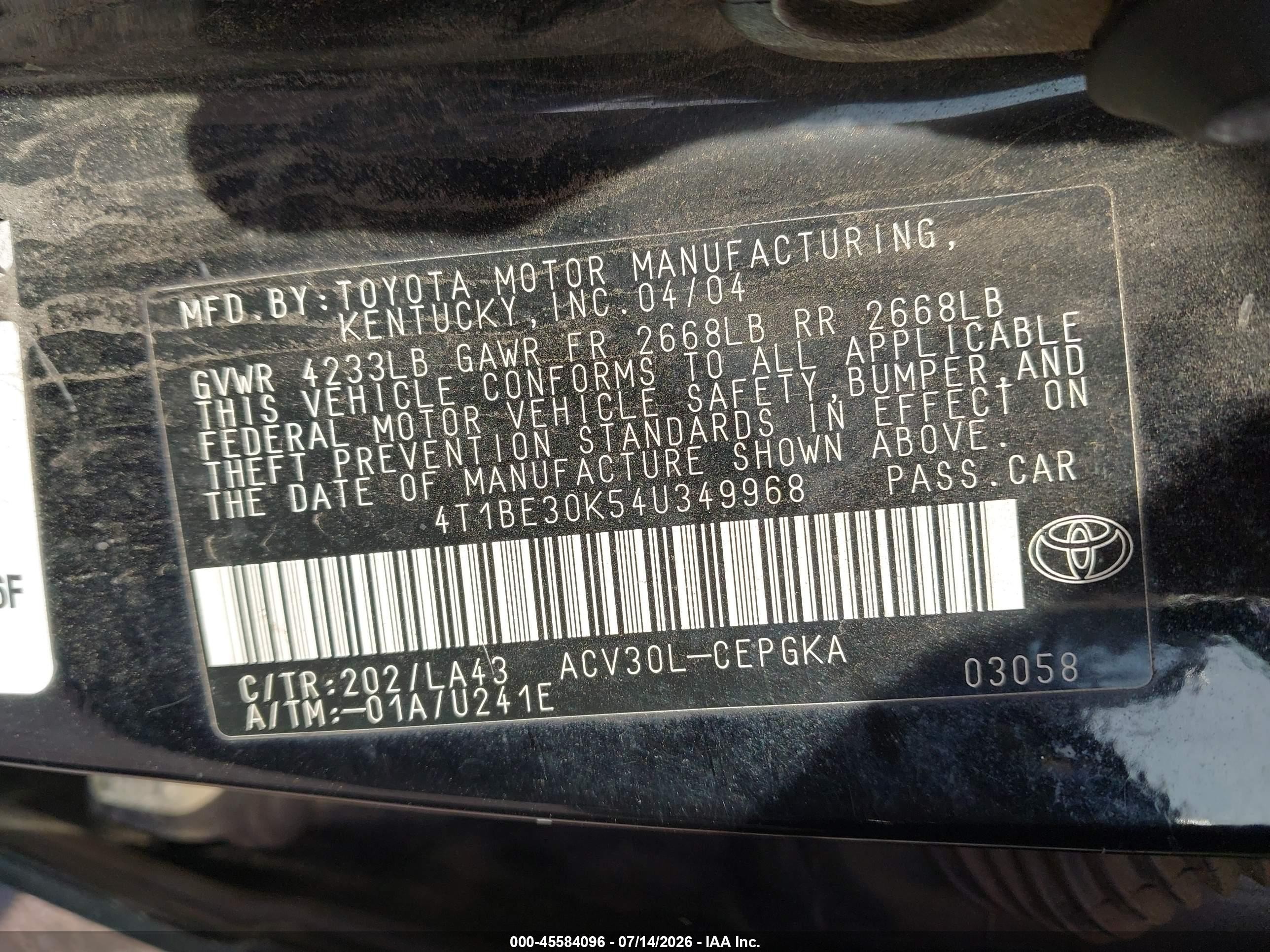 2004 Toyota Camry Xle Черный vin: 4T1BE30K54U349968