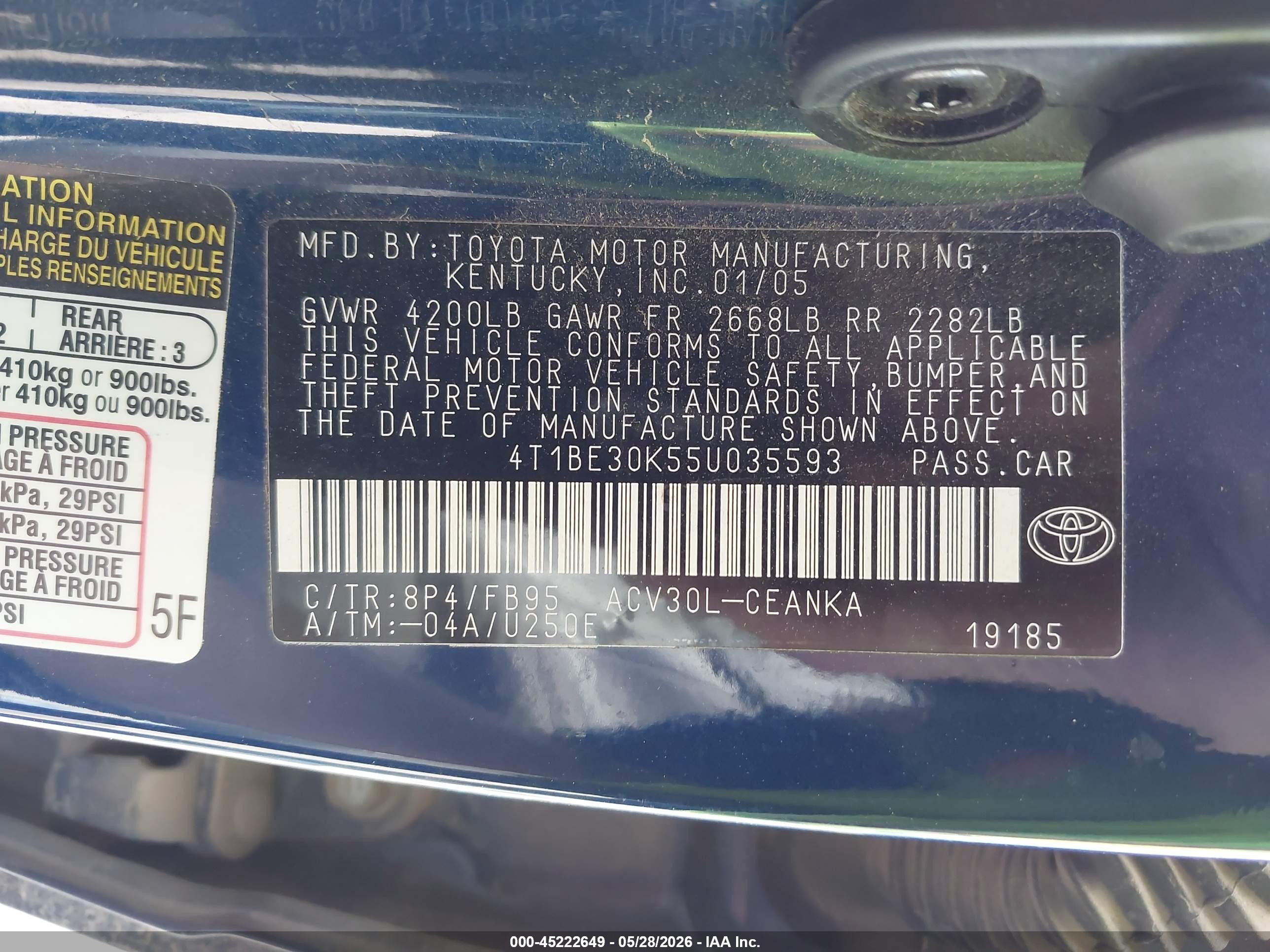 2005 Toyota Camry Le Blue vin: 4T1BE30K55U035593
