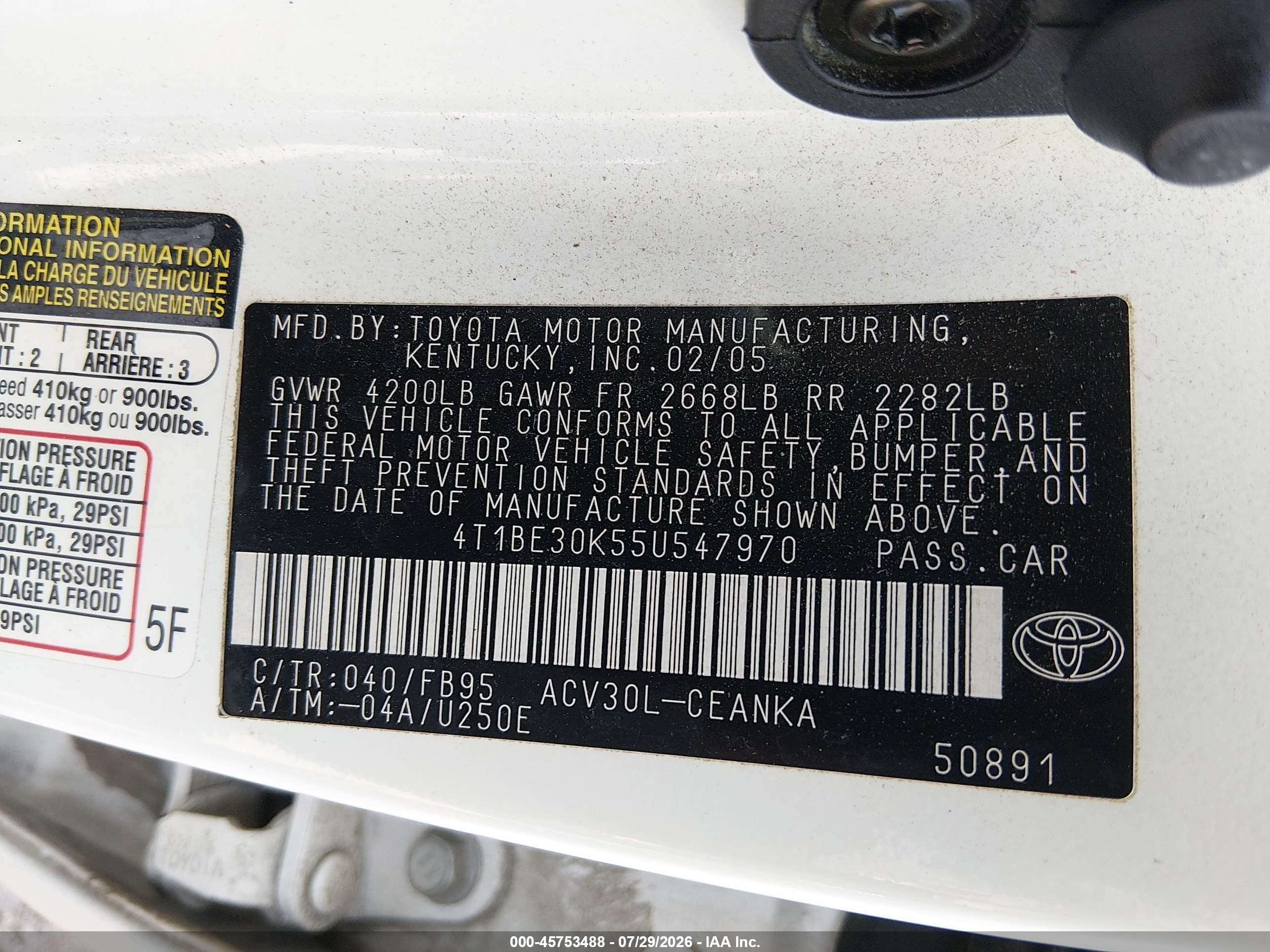2005 Toyota Camry Le White vin: 4T1BE30K55U547970