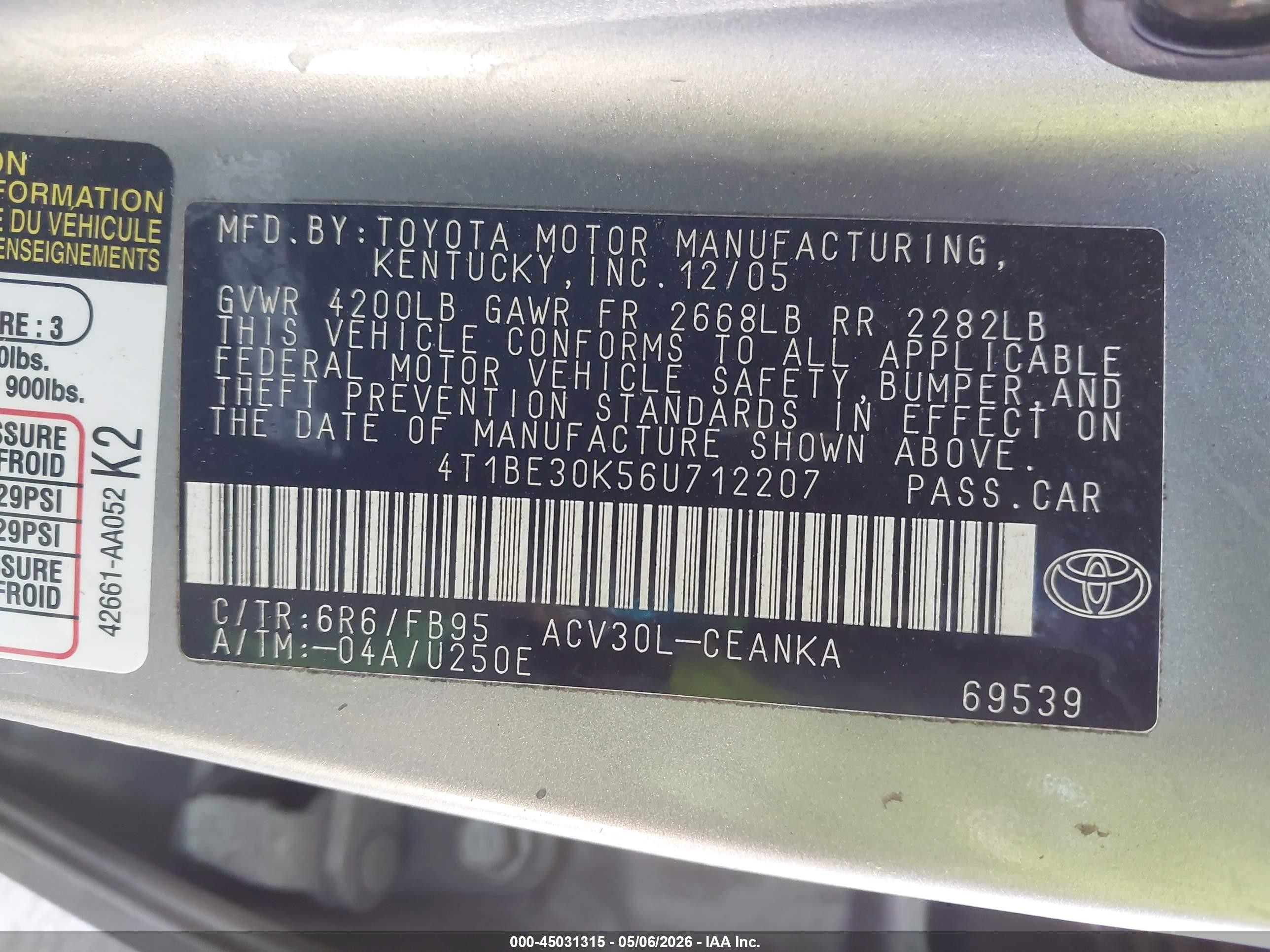 2006 Toyota Camry Le Pewter vin: 4T1BE30K56U712207