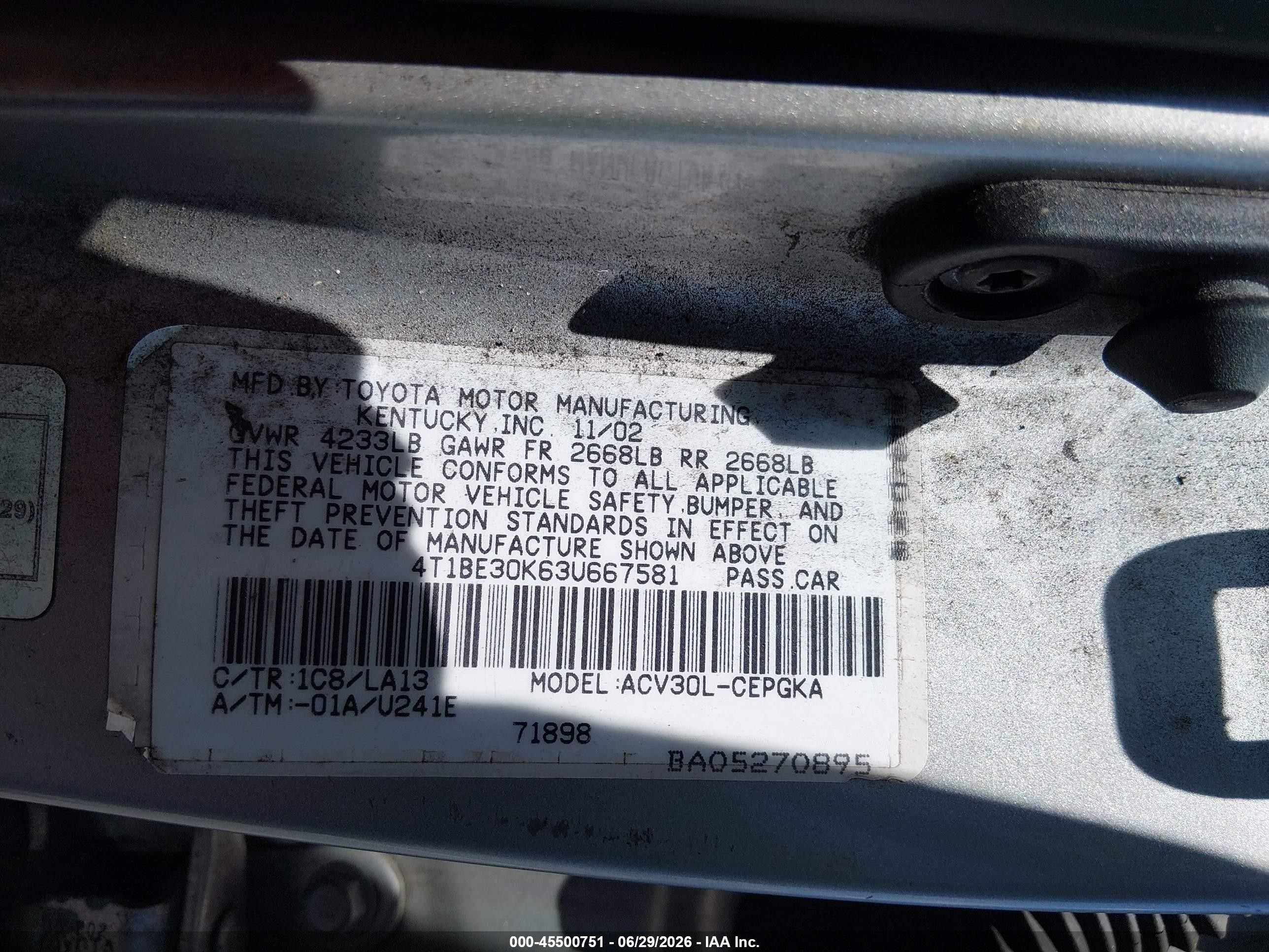 2003 Toyota Camry Xle Silver vin: 4T1BE30K63U667581