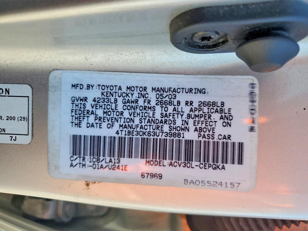 2003 Toyota Camry Xle Silver vin: 4T1BE30K63U739881