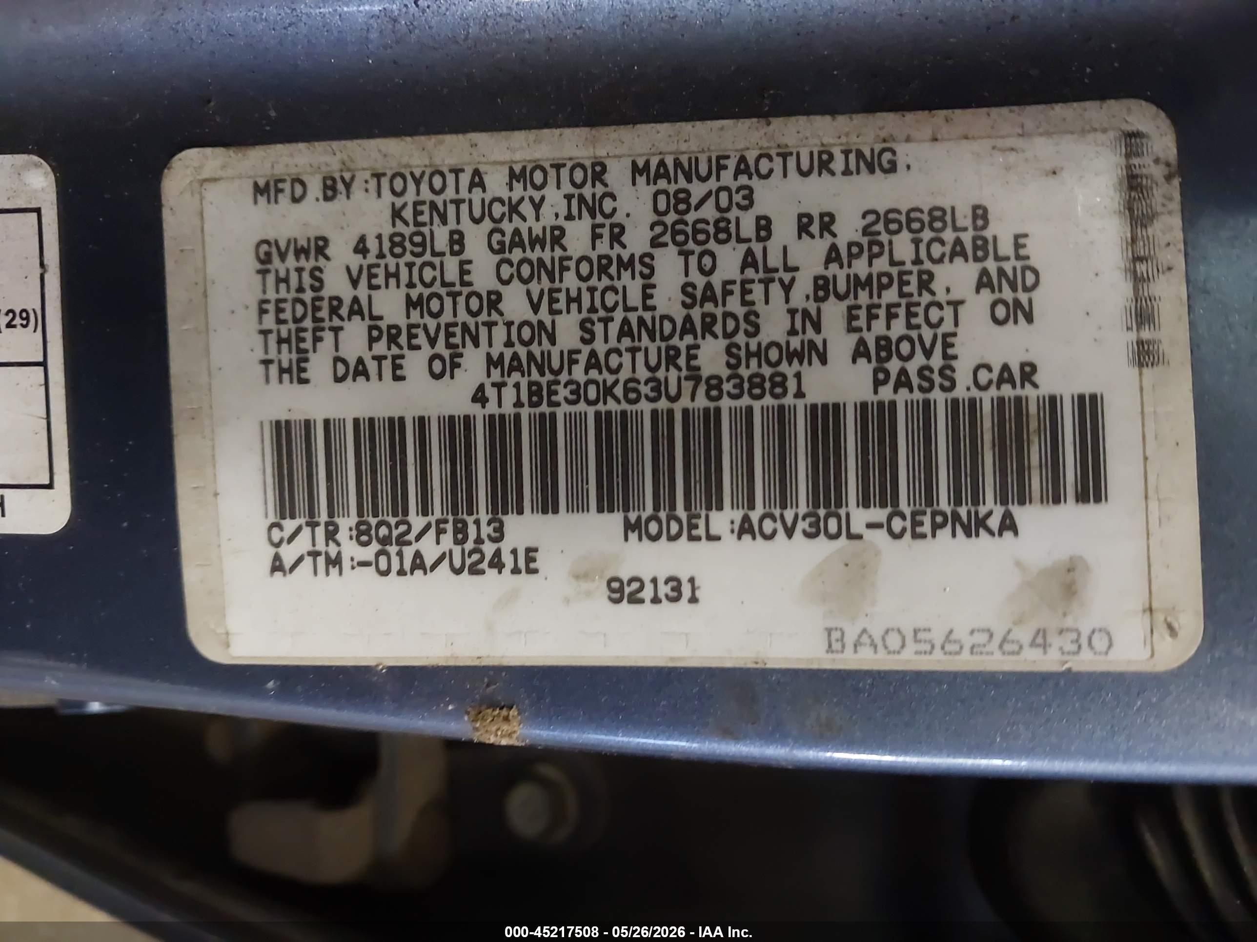 2003 Toyota Camry Le Синий vin: 4T1BE30K63U783881