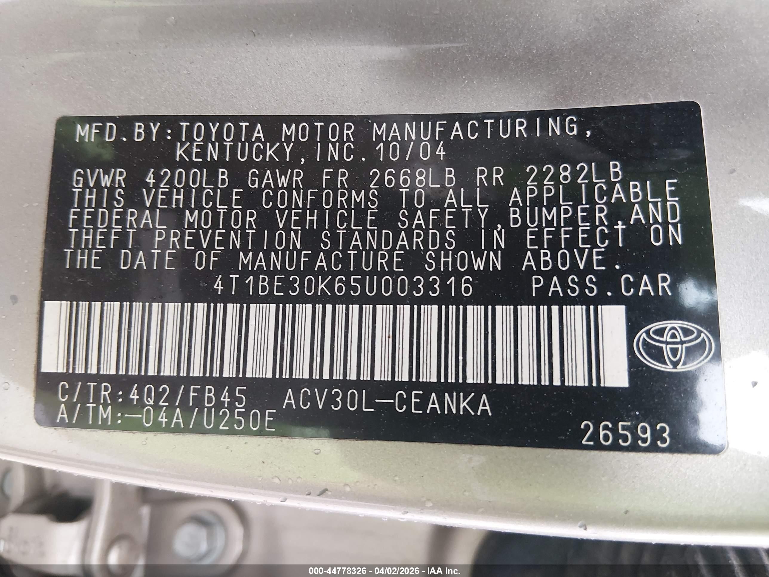 2005 Toyota Camry Le Gold vin: 4T1BE30K65U003316