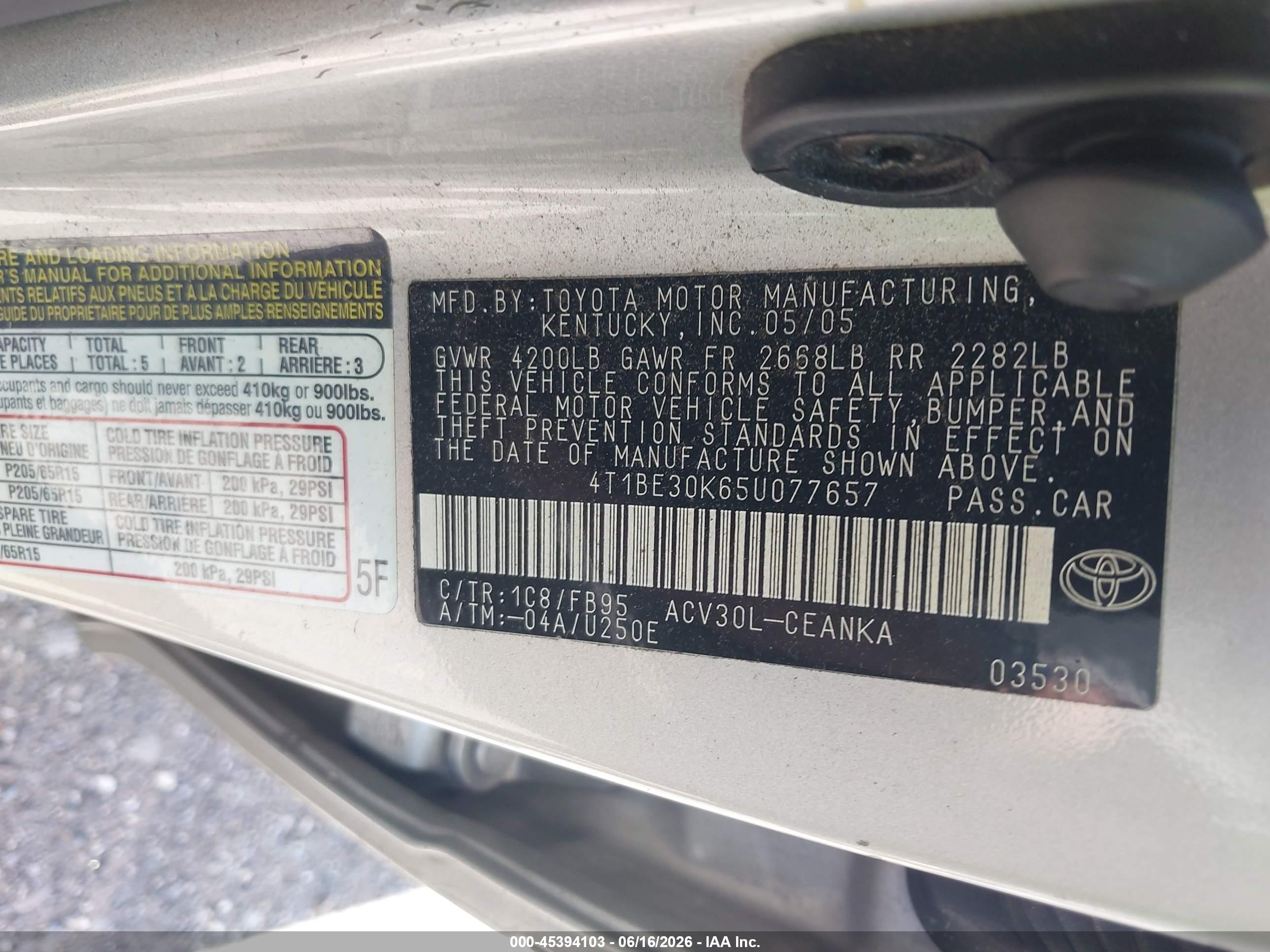 2005 Toyota Camry Le Gray vin: 4T1BE30K65U077657