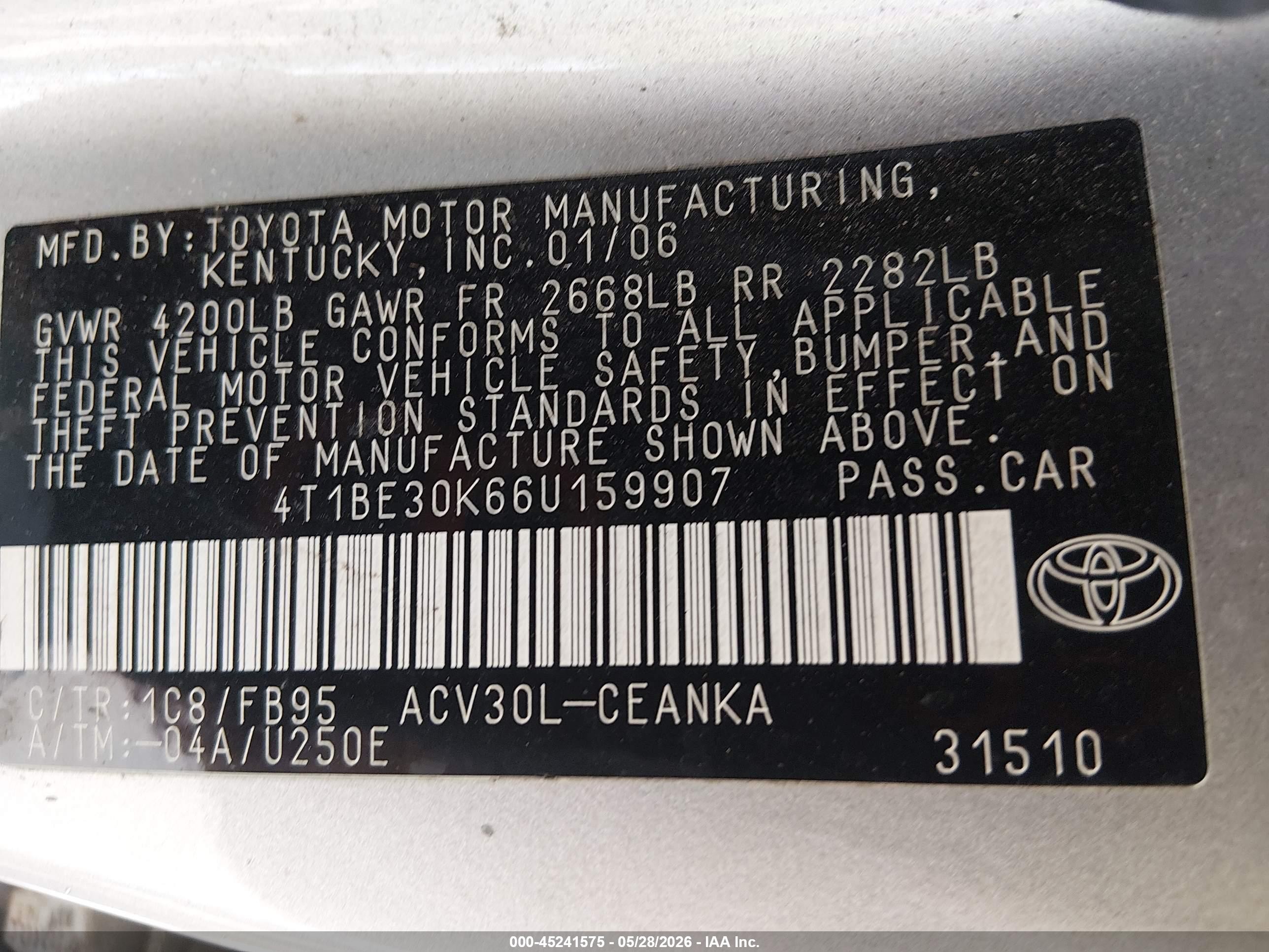 2006 Toyota Camry Le Silver vin: 4T1BE30K66U159907