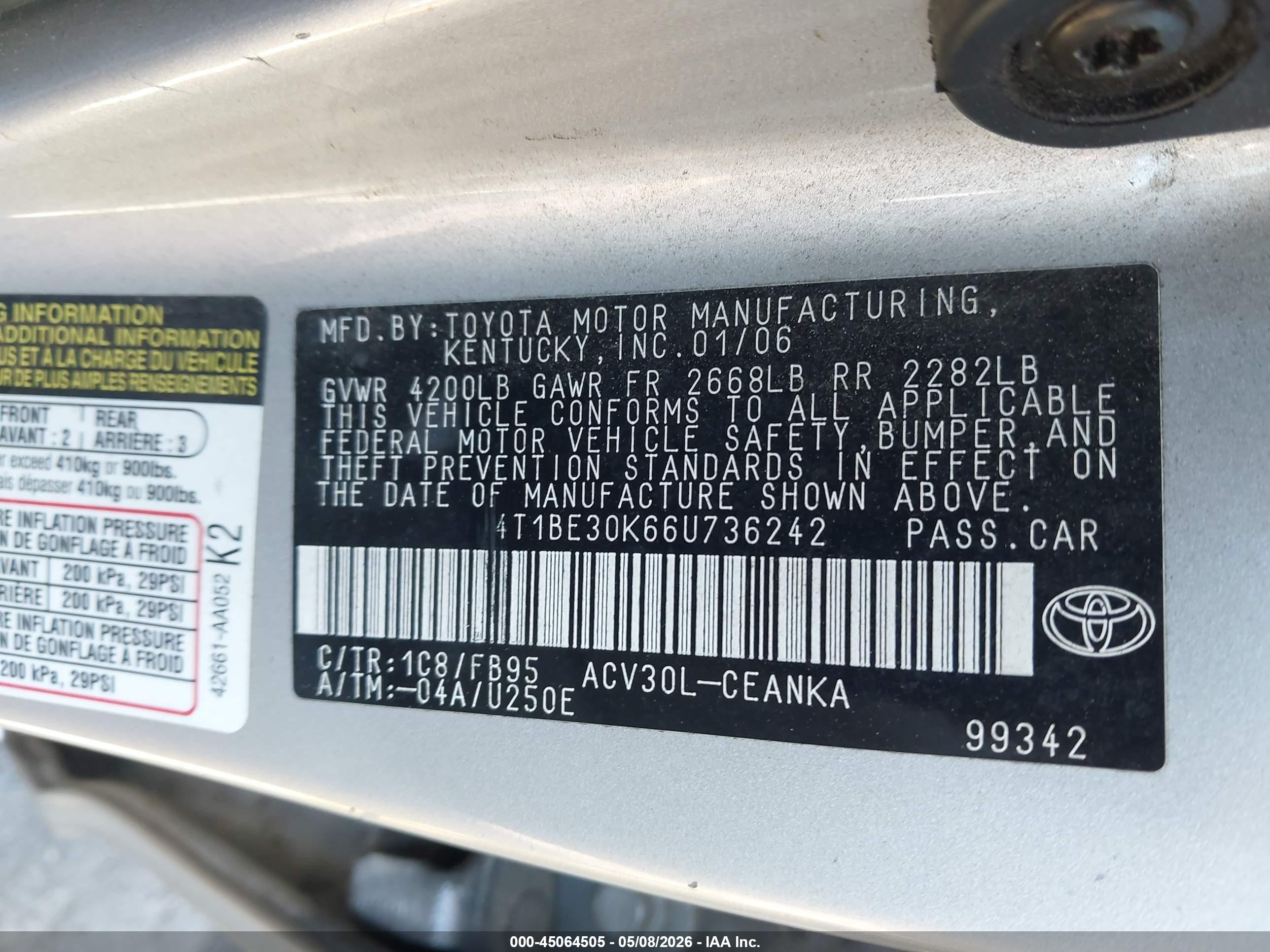 2006 Toyota Camry Le Серебряный vin: 4T1BE30K66U736242