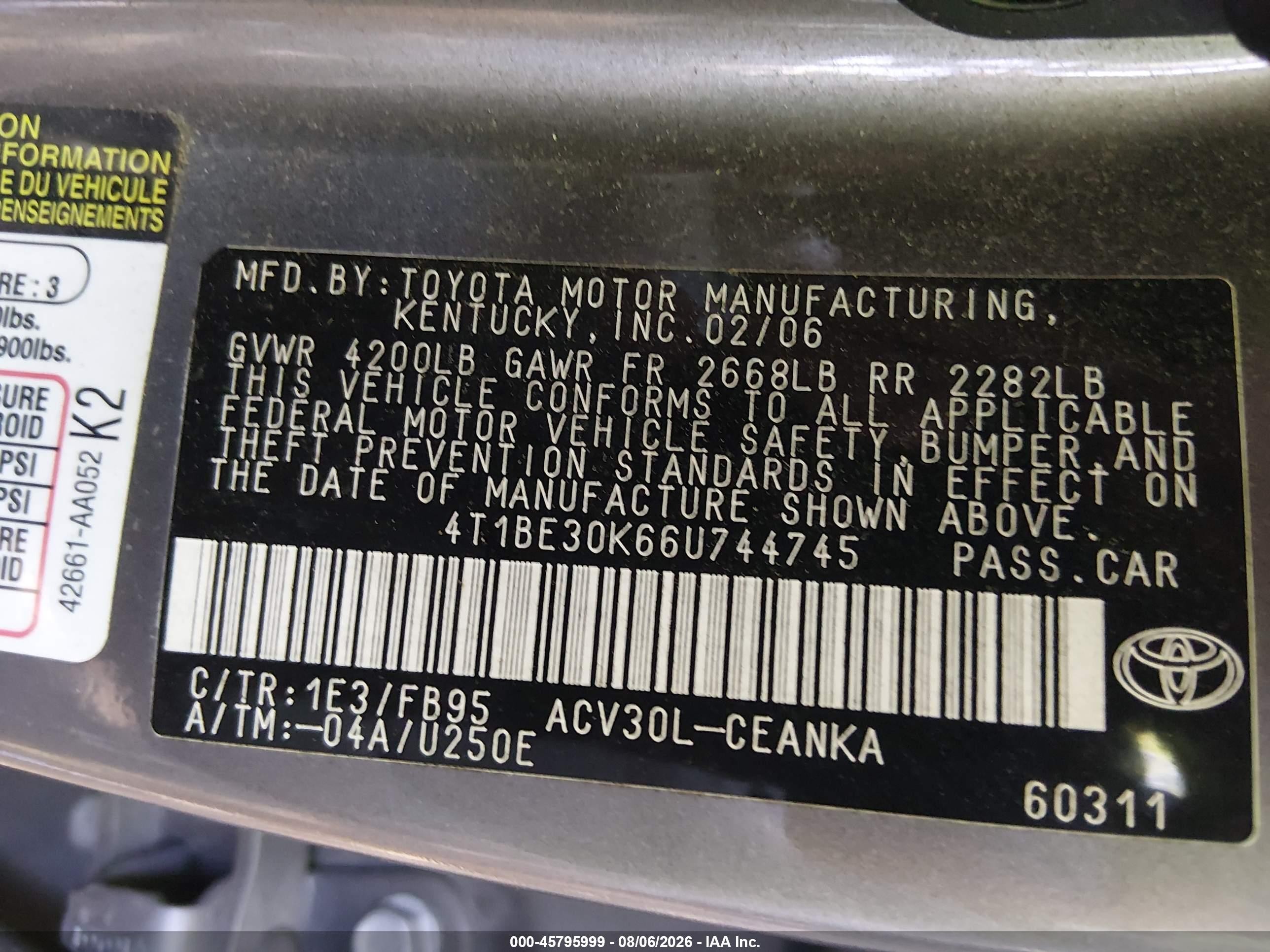 2006 Toyota Camry Le Gray vin: 4T1BE30K66U744745
