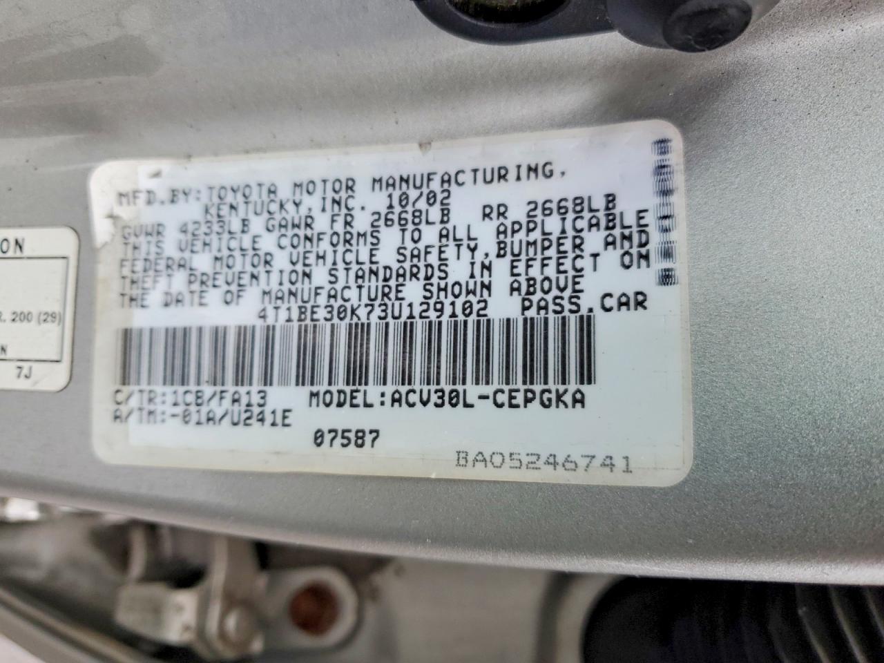 2003 Toyt Camry Серебряный vin: 4T1BE30K73U129102