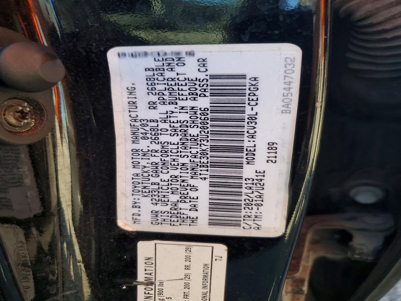 2003 Toyota Camry Xle Black vin: 4T1BE30K73U200606