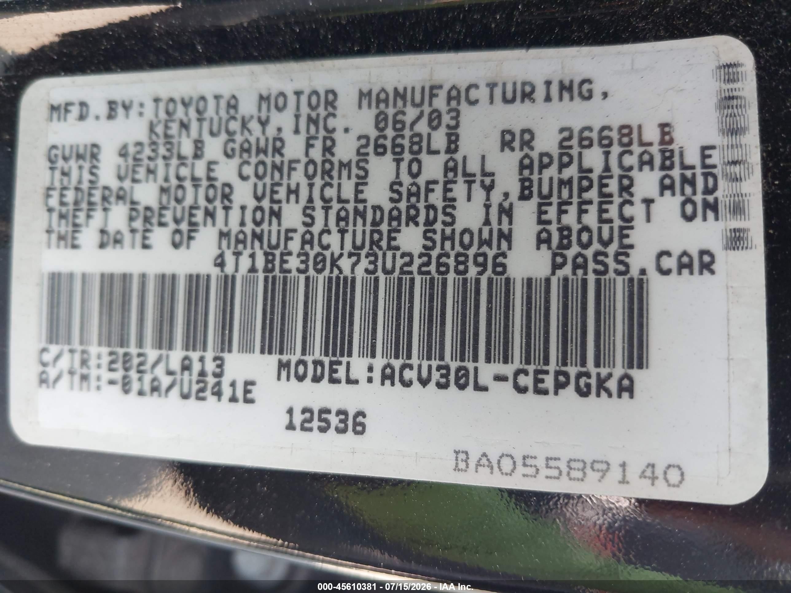 2003 Toyota Camry Xle Black vin: 4T1BE30K73U226896