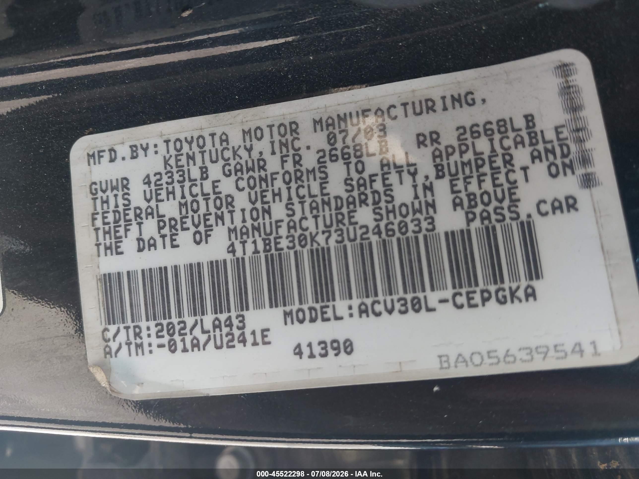2003 Toyota Camry Xle Black vin: 4T1BE30K73U246033