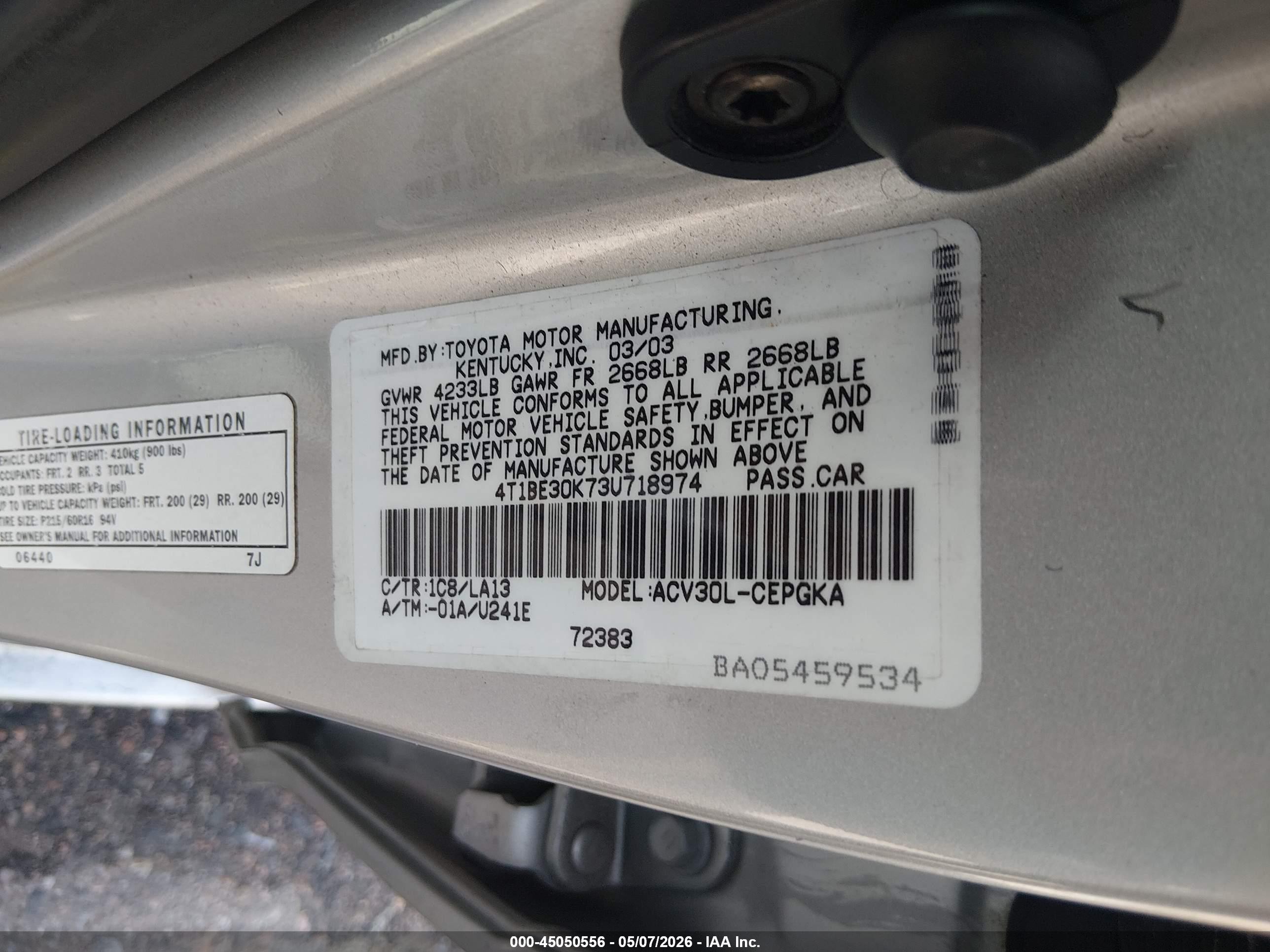 2003 Toyota Camry Xle Silver vin: 4T1BE30K73U718974