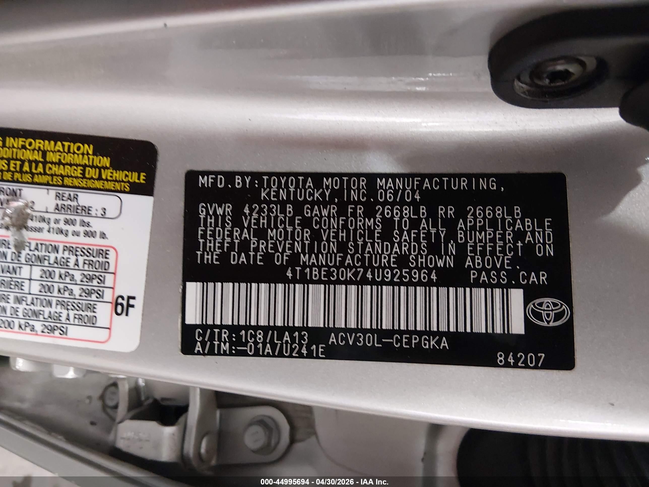 2004 Toyota Camry Xle Gray vin: 4T1BE30K74U925964