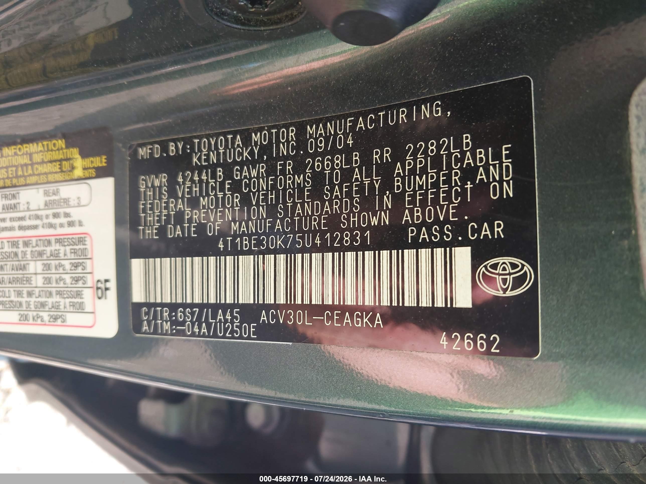 2005 Toyota Camry Xle Green vin: 4T1BE30K75U412831