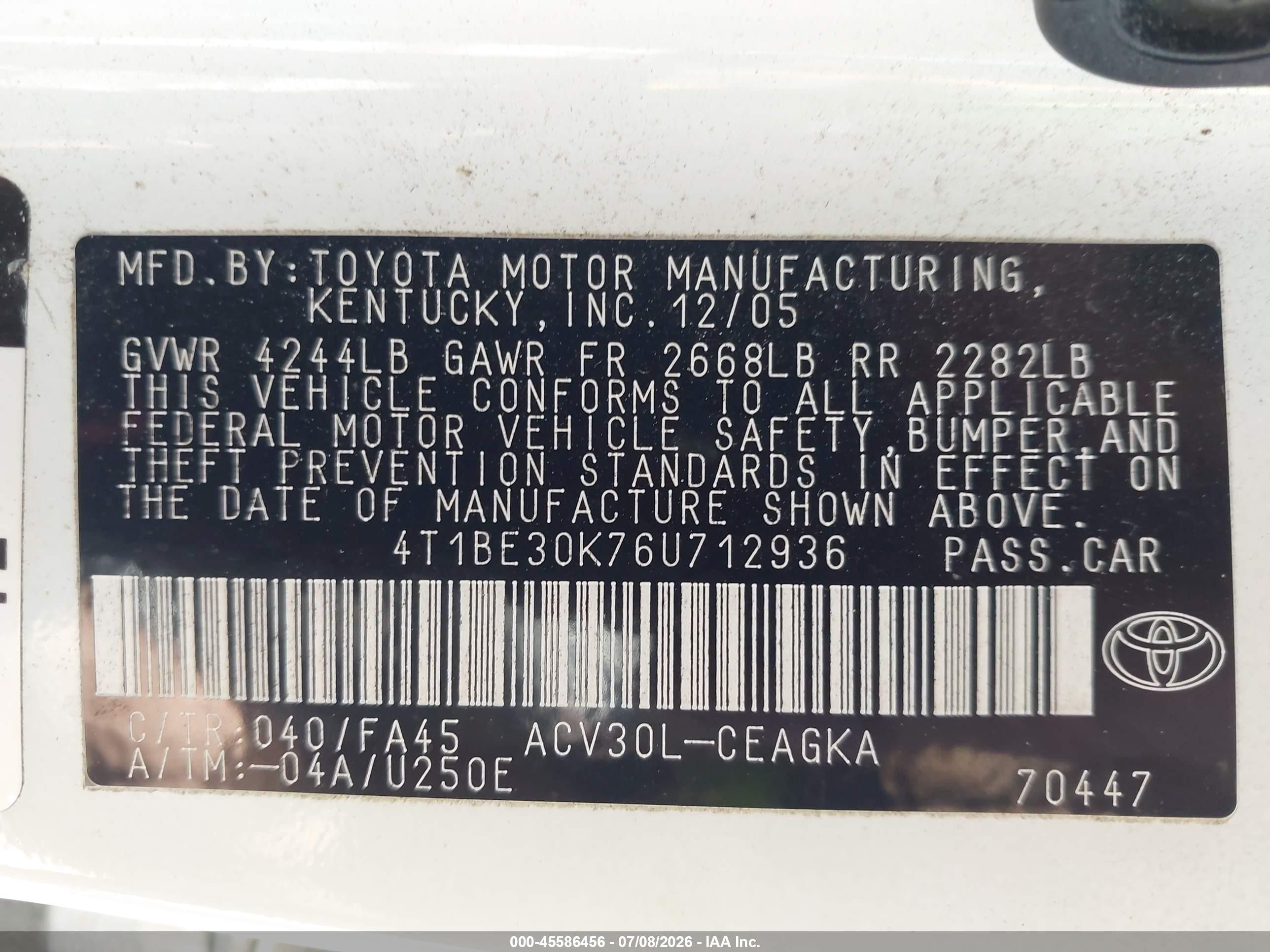 2006 Toyota Camry Xle Белый vin: 4T1BE30K76U712936