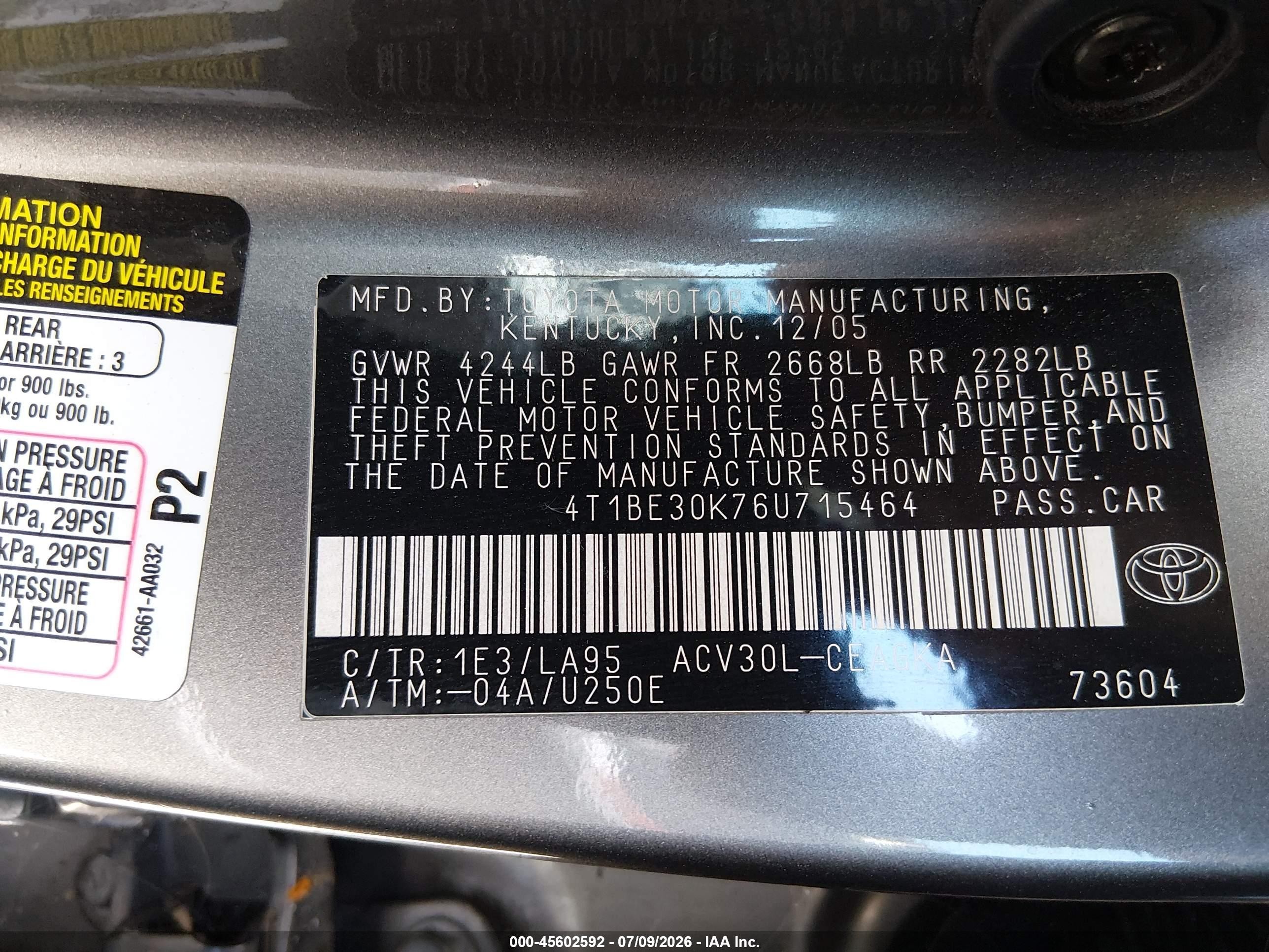 2006 Toyota Camry Xle Gray vin: 4T1BE30K76U715464
