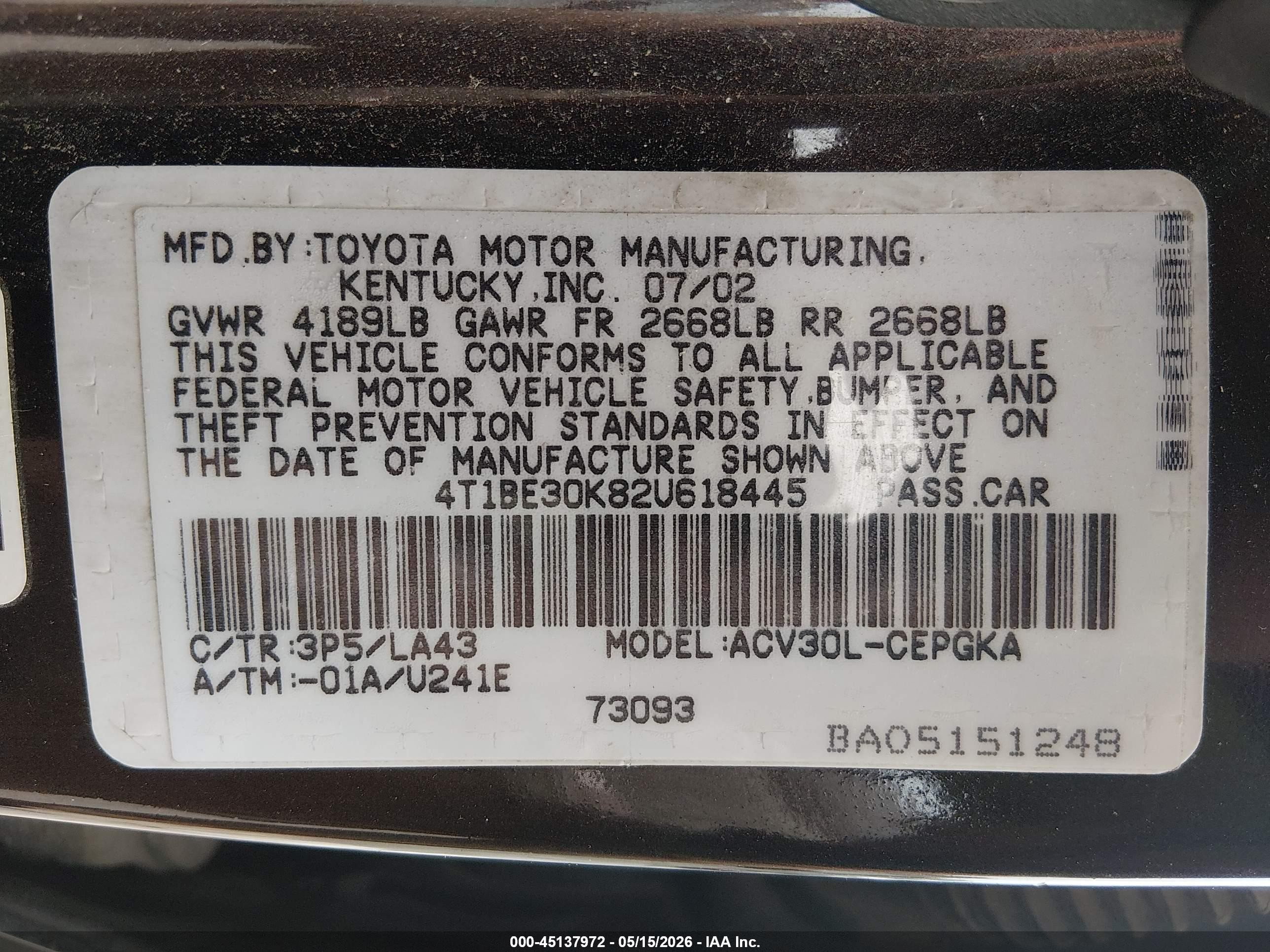 2002 Toyota Camry Xle Purple vin: 4T1BE30K82U618445