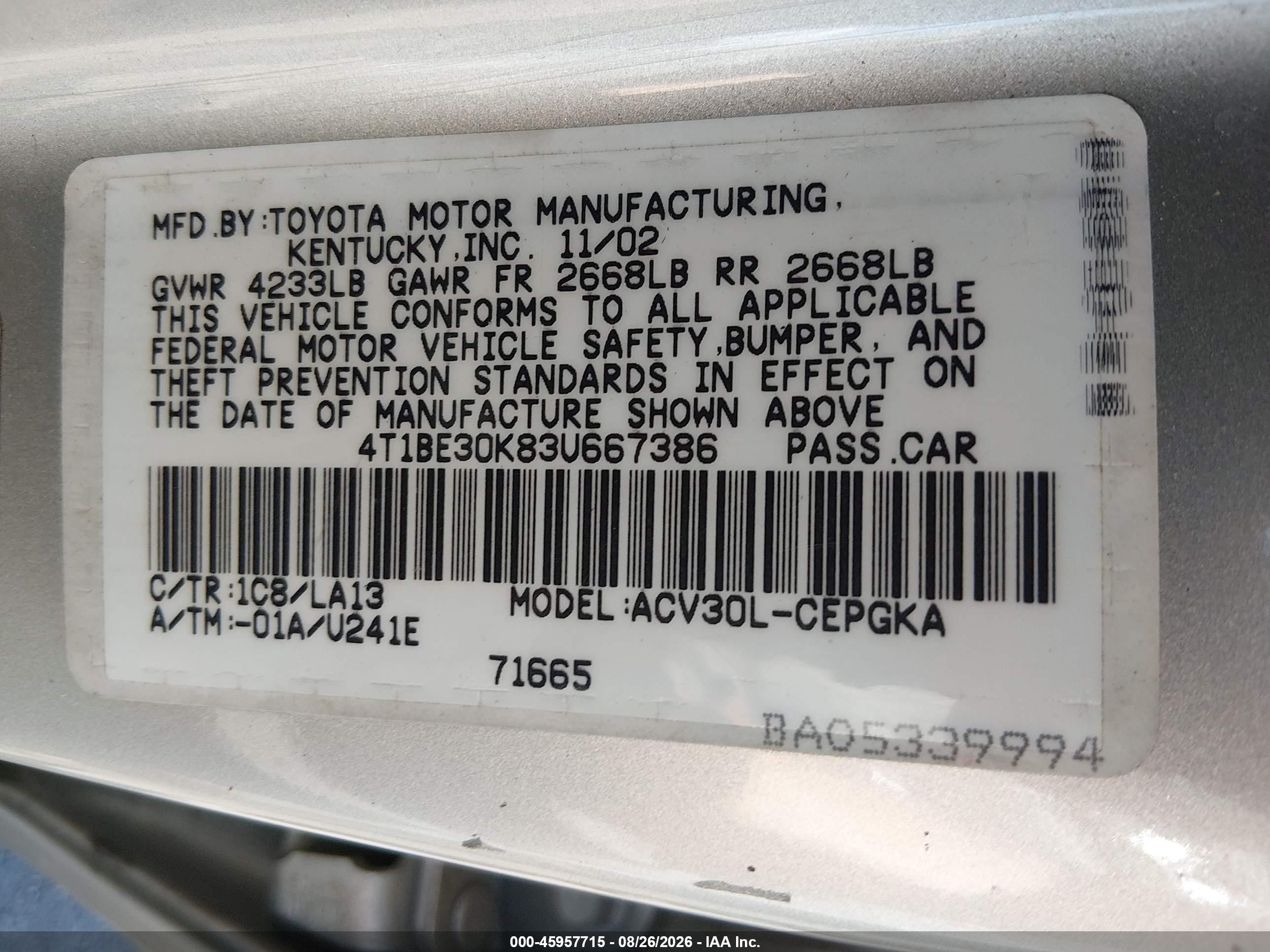 2003 Toyota Camry Xle Silver vin: 4T1BE30K83U667386