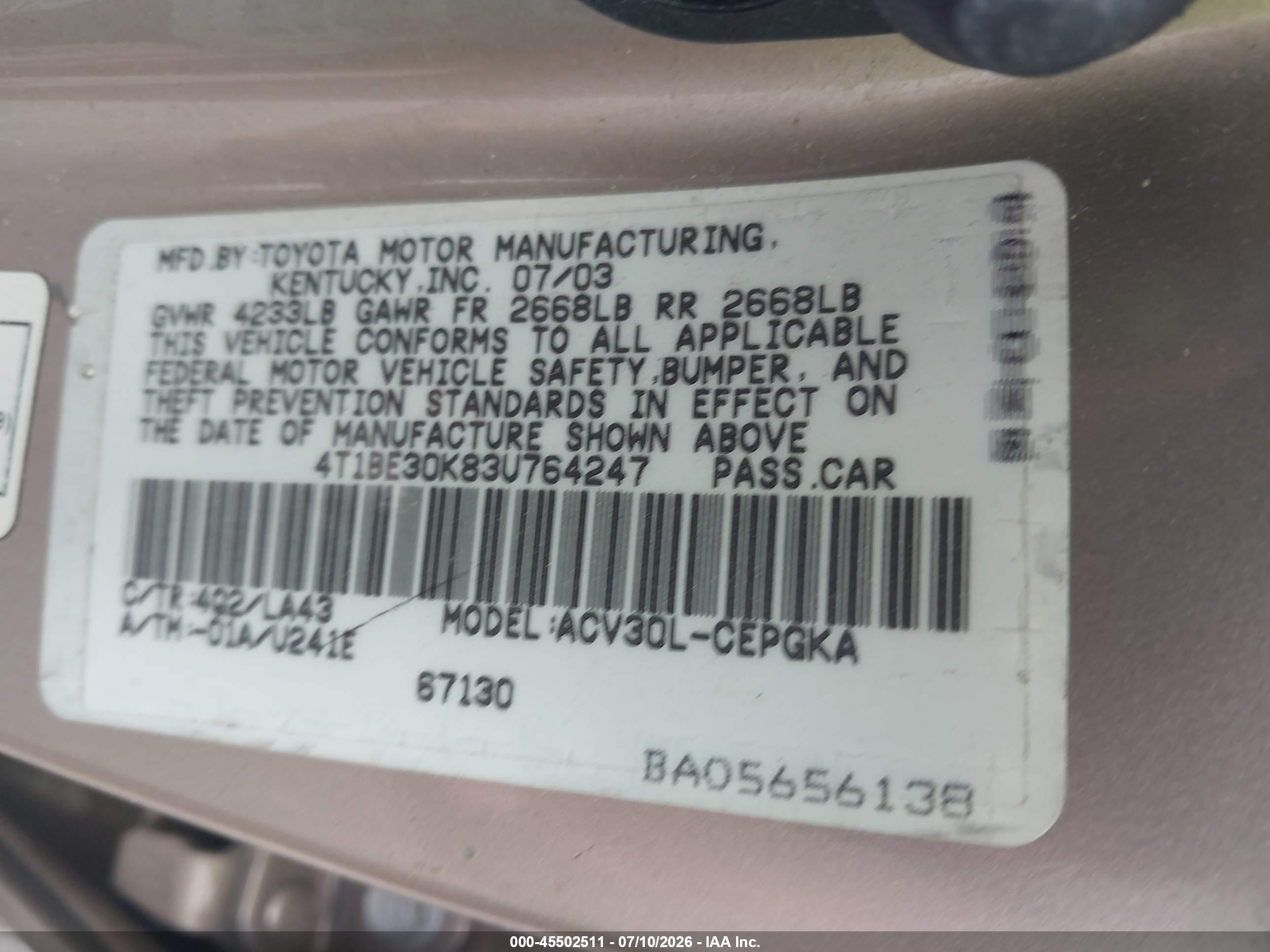 2003 Toyota Camry Xle Желто-коричневый vin: 4T1BE30K83U764247