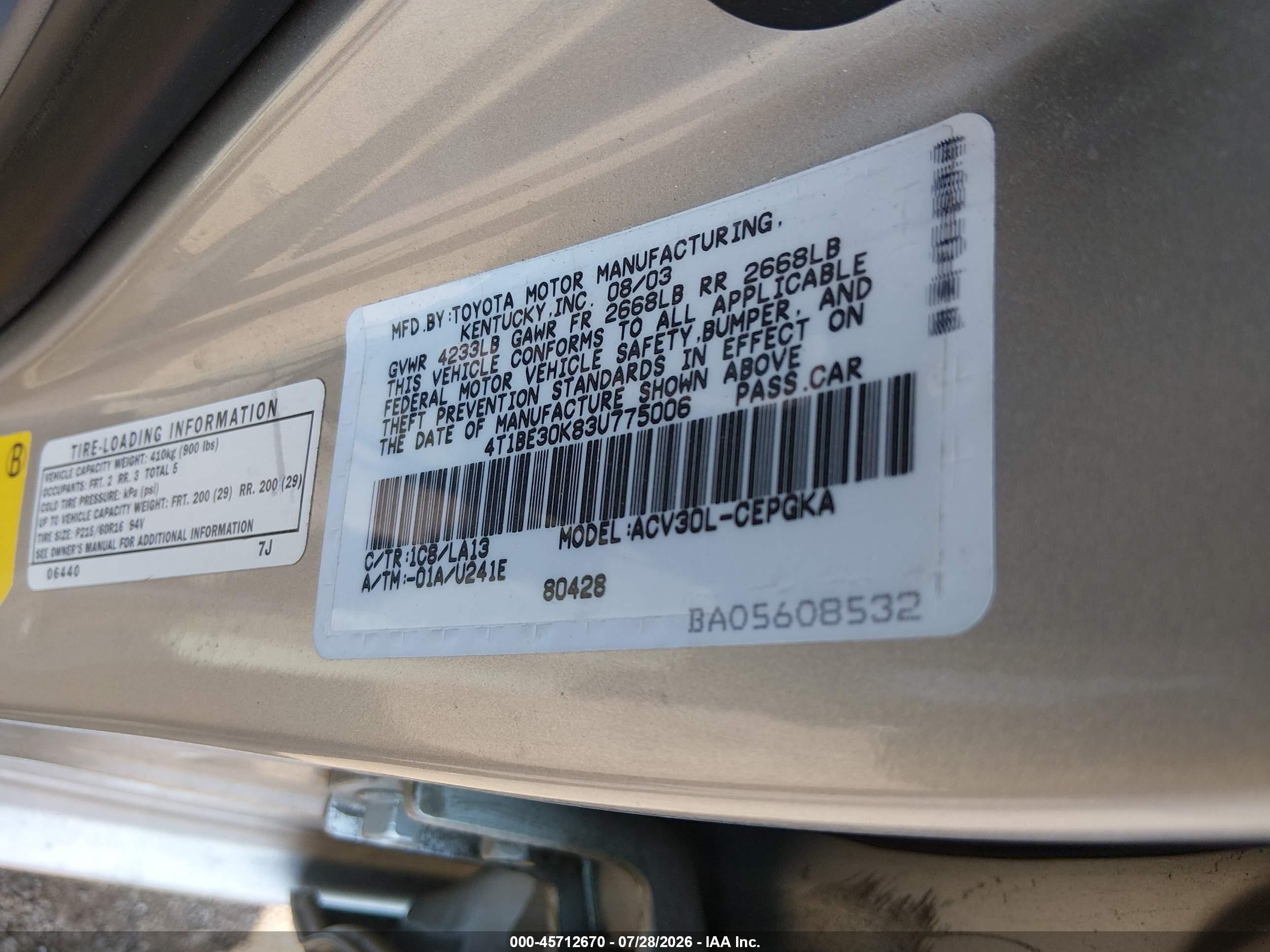 2003 Toyota Camry Xle Silver vin: 4T1BE30K83U775006