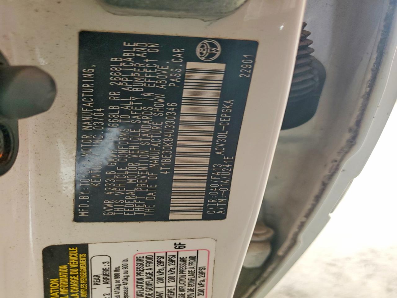 2004 Toyota Camry Xle Белый vin: 4T1BE30K84U330346